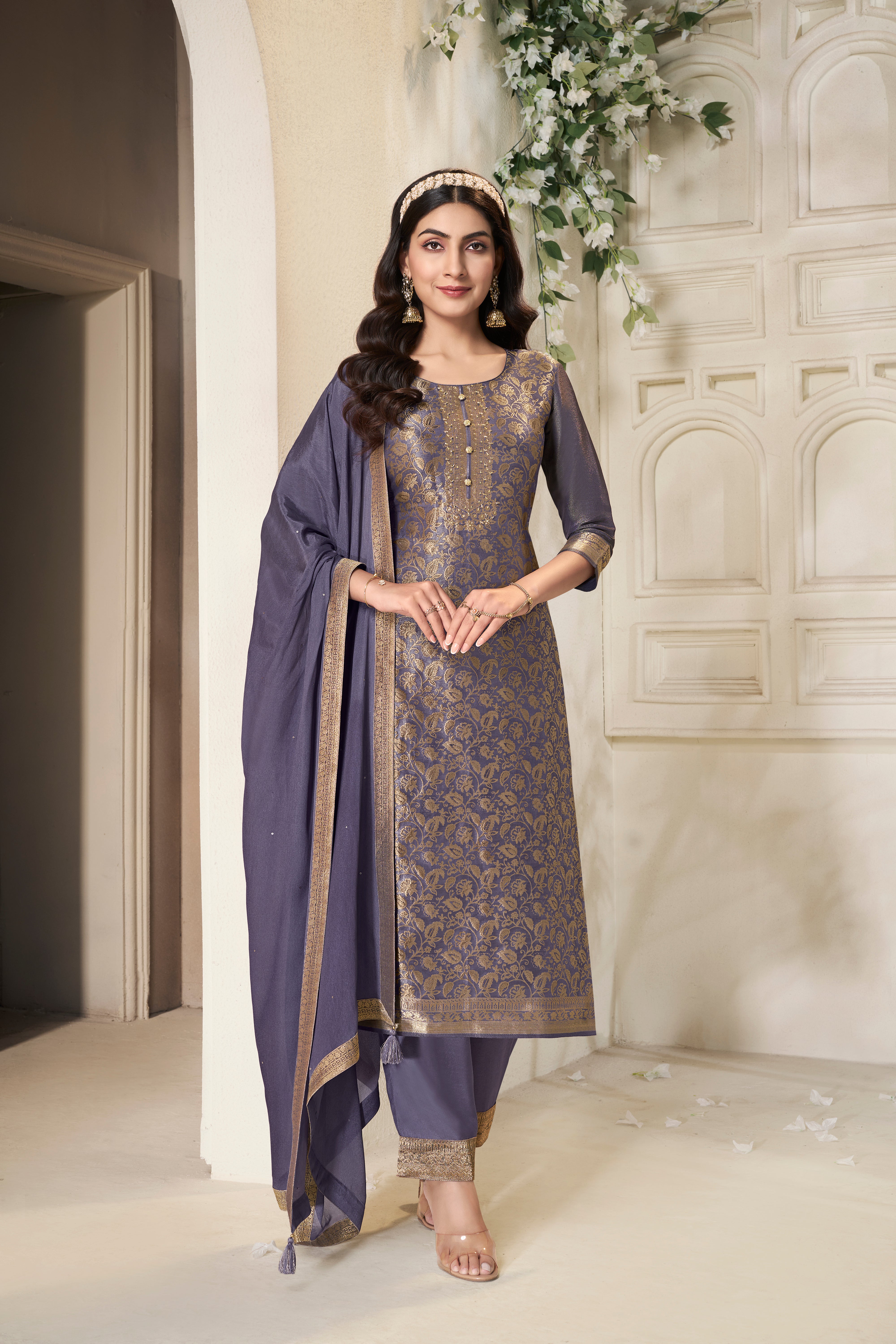 Designer Violet Jacquard Weave Tissue Kurta Suit Set