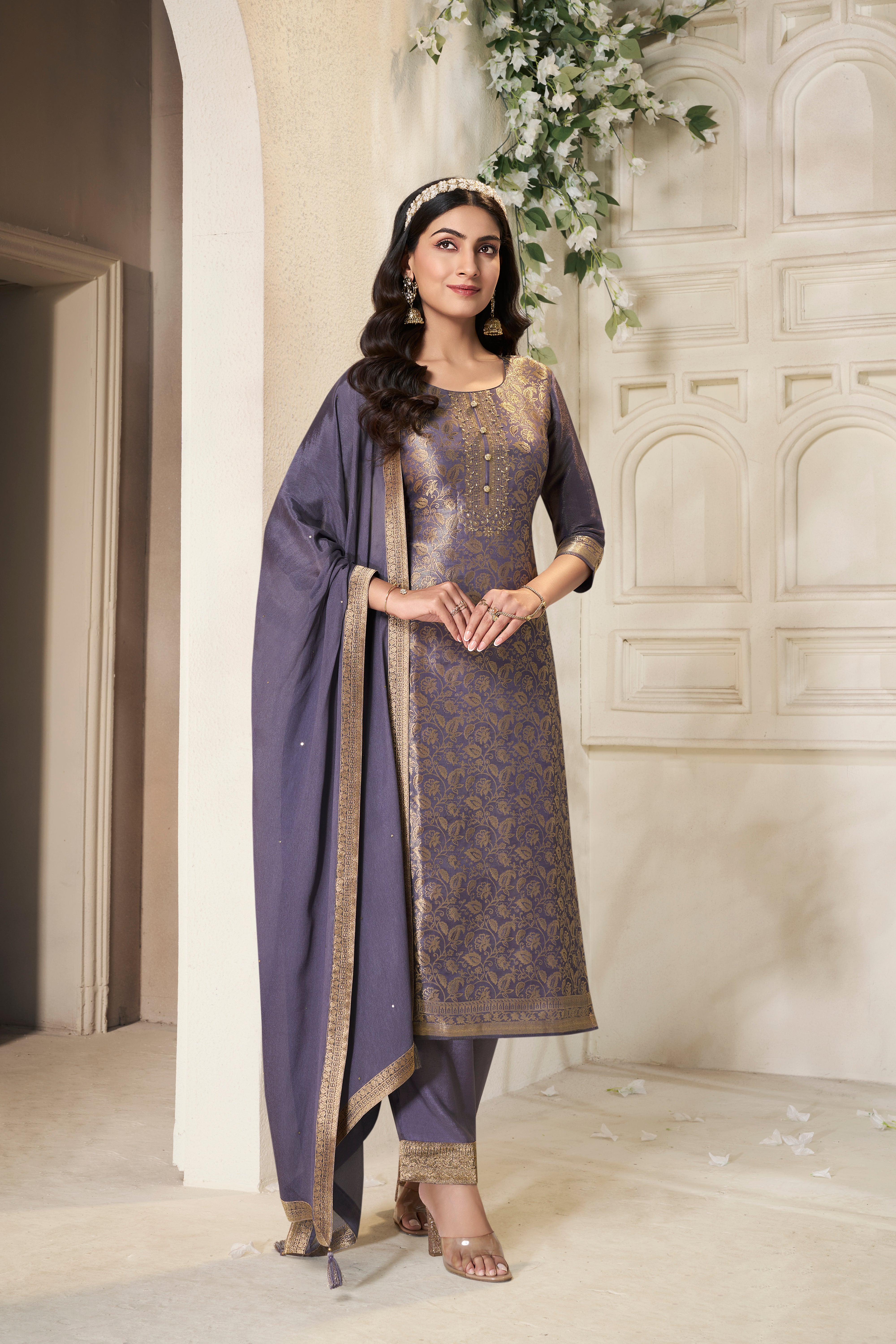 Designer Violet Jacquard Weave Tissue Kurta Suit Set