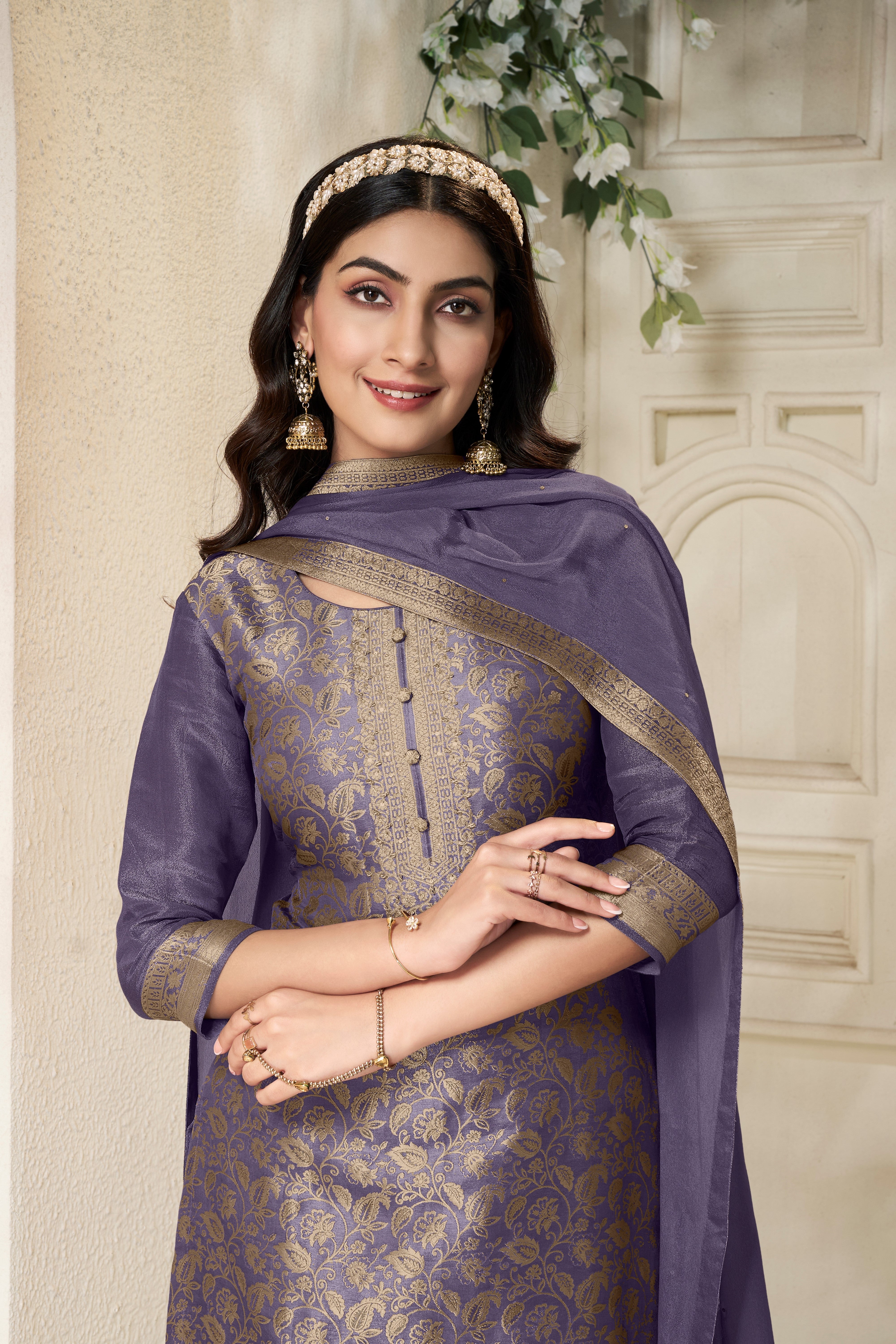 Designer Violet Jacquard Weave Tissue Kurta Suit Set