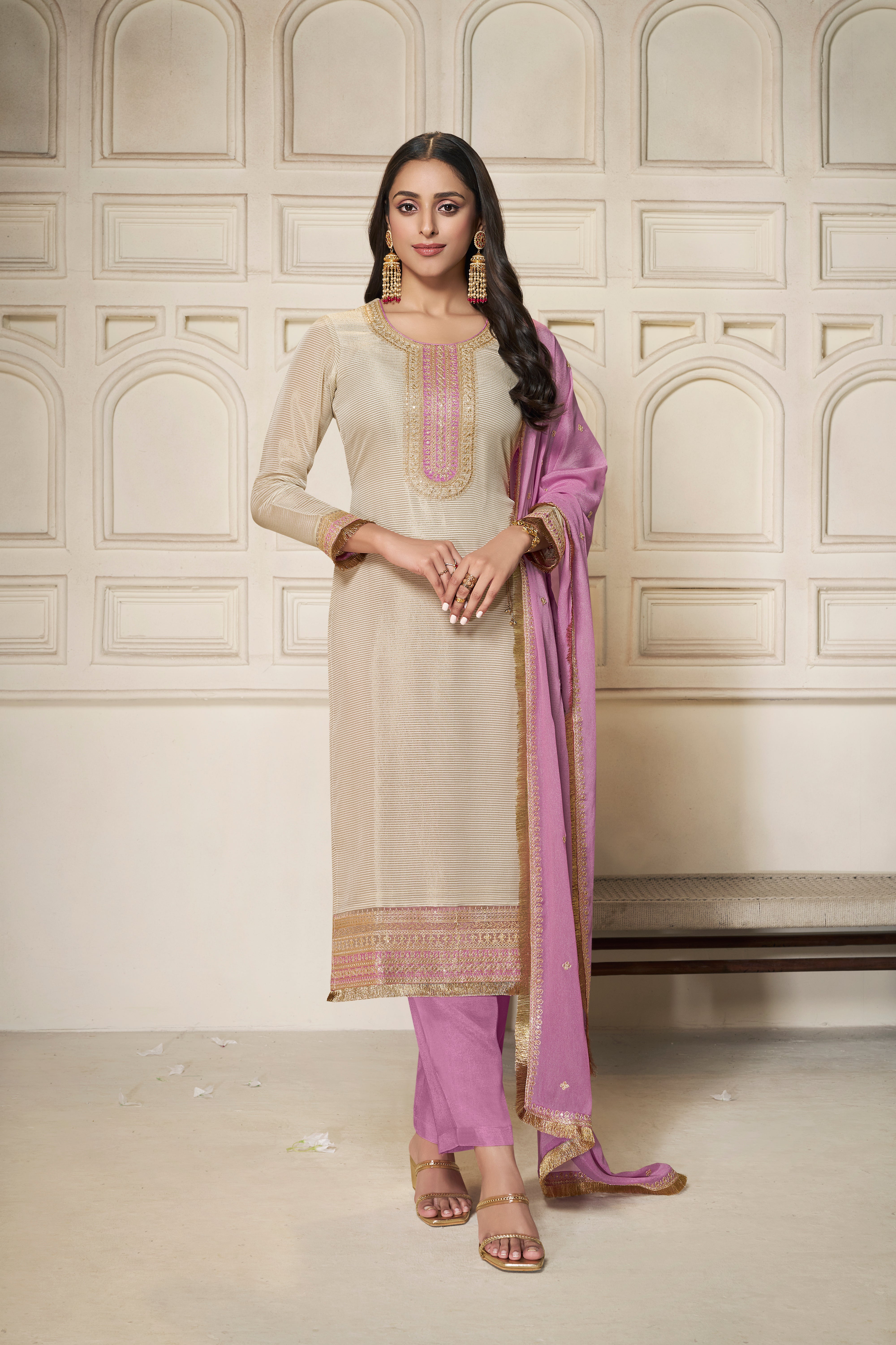Designer Off White Sequins Embroidery Tissue Kurta Suit Set
