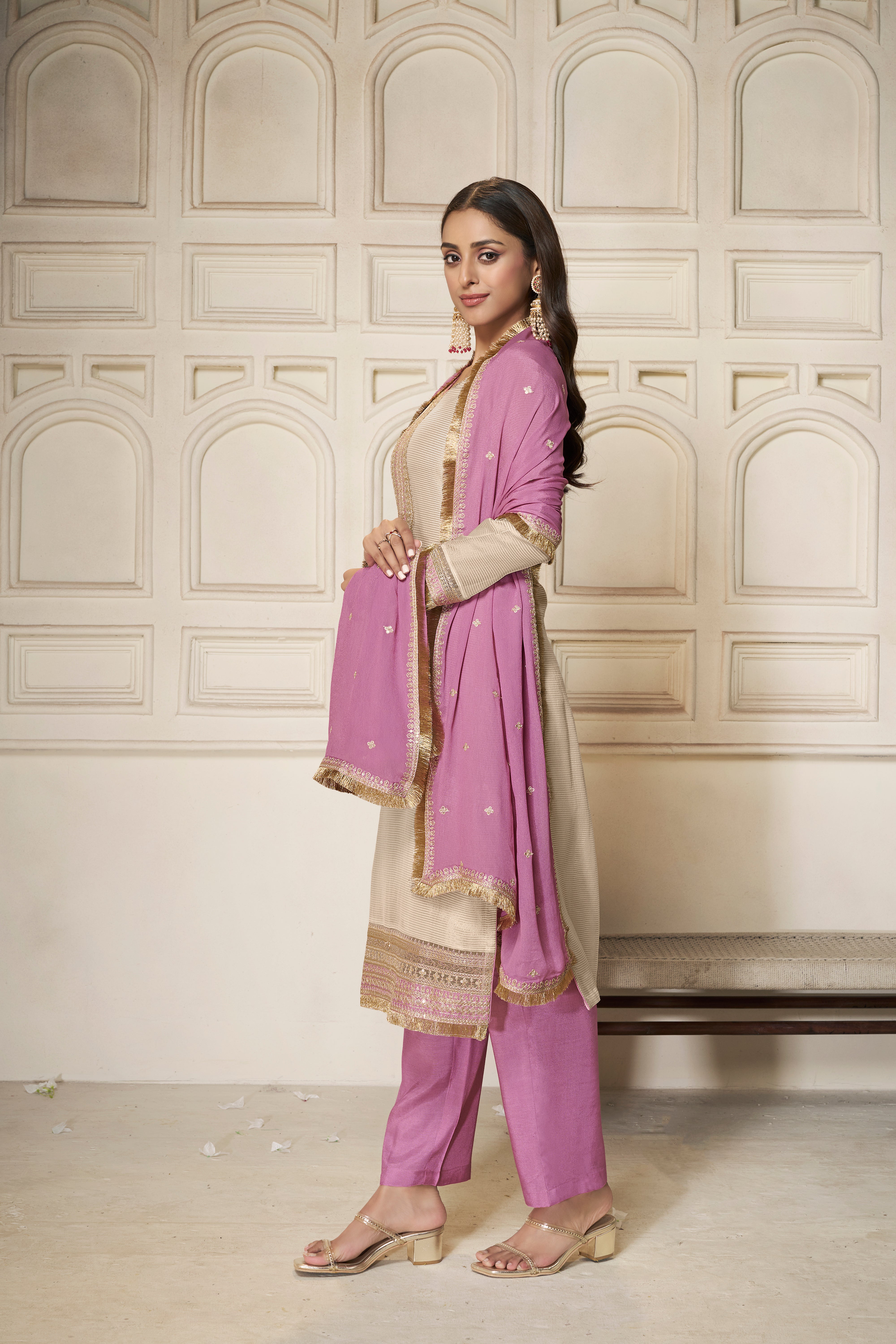 Designer Off White Sequins Embroidery Tissue Kurta Suit Set