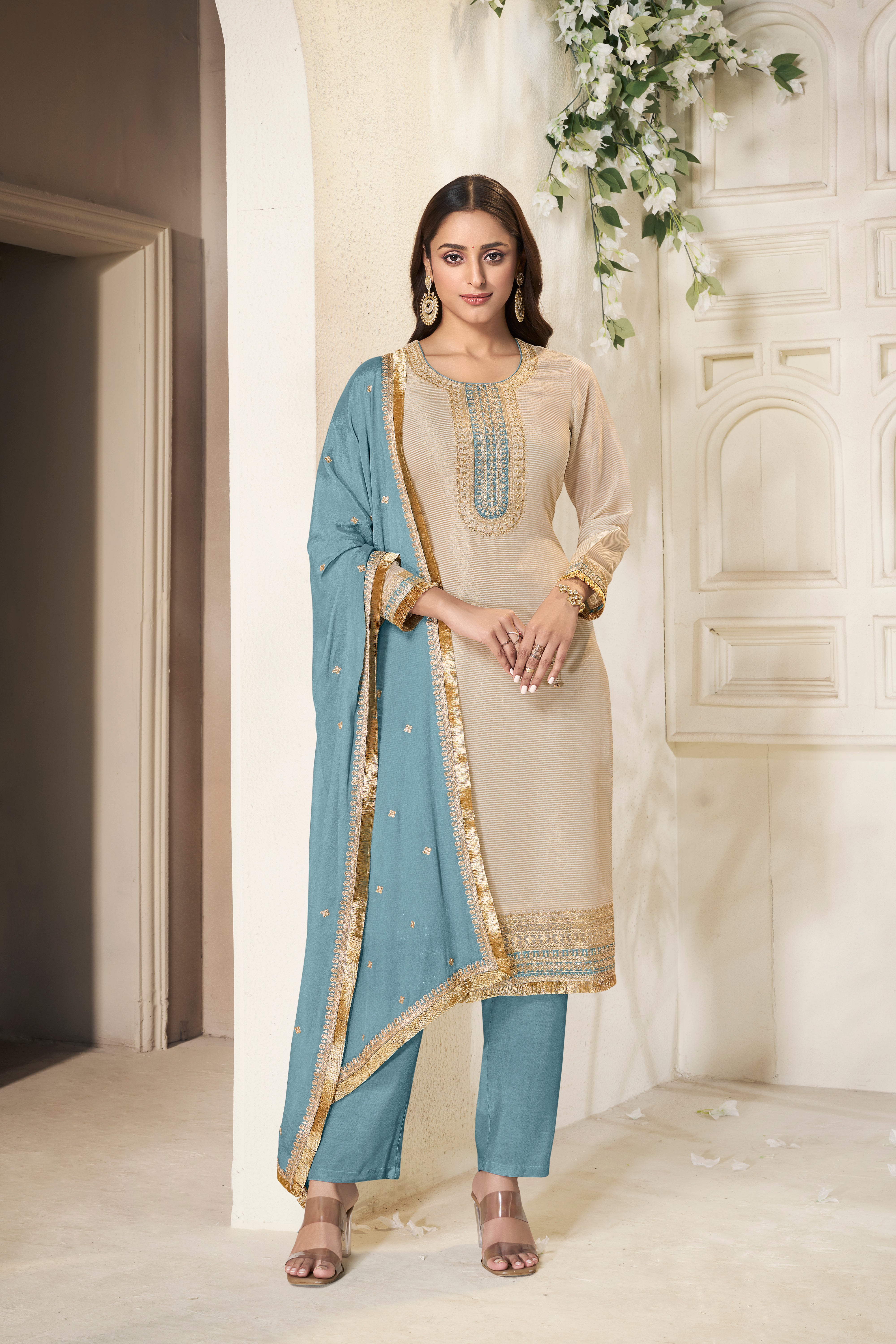 Designer Off White Sequins Embroidery Tissue Kurta Suit Set