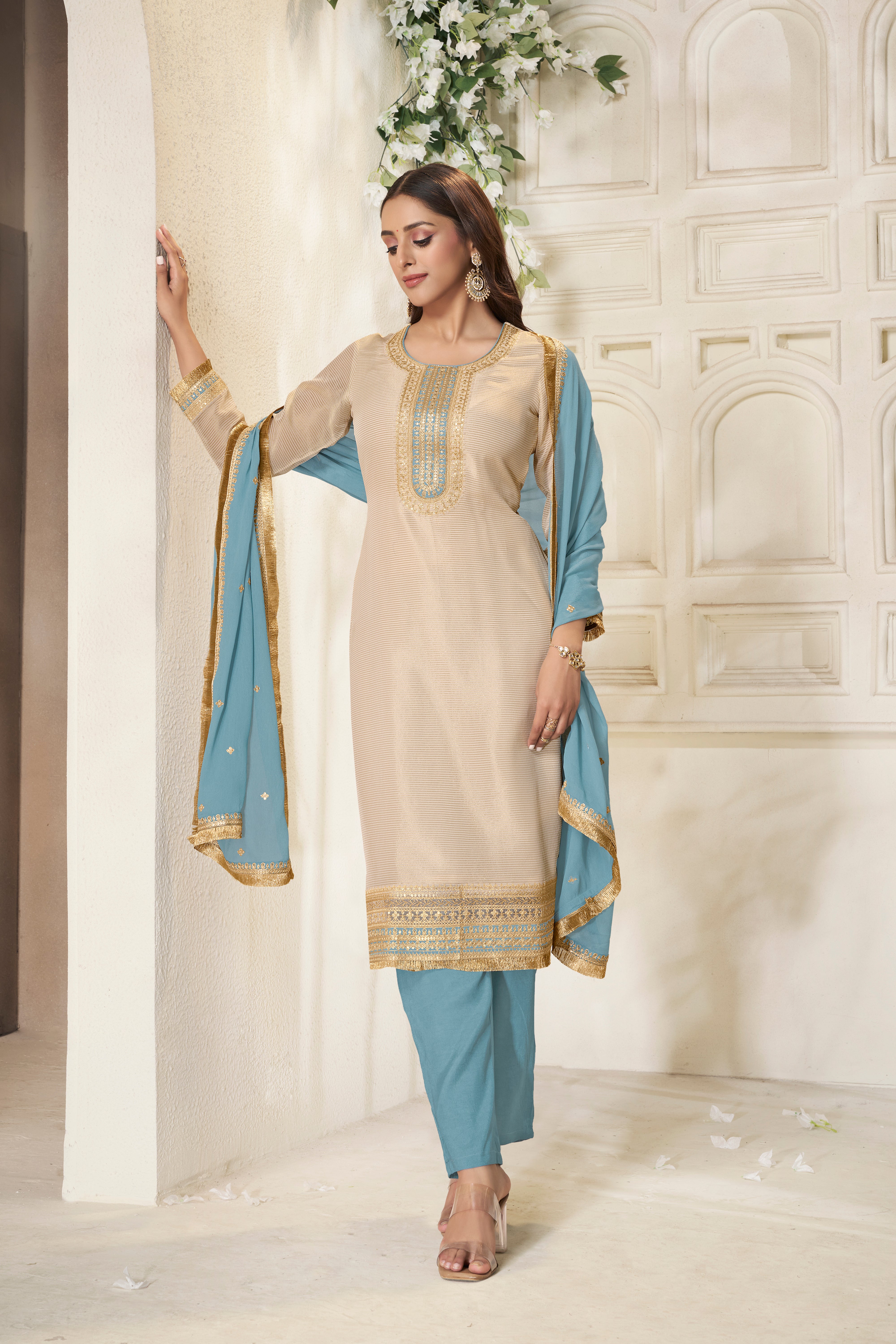 Designer Off White Sequins Embroidery Tissue Kurta Suit Set