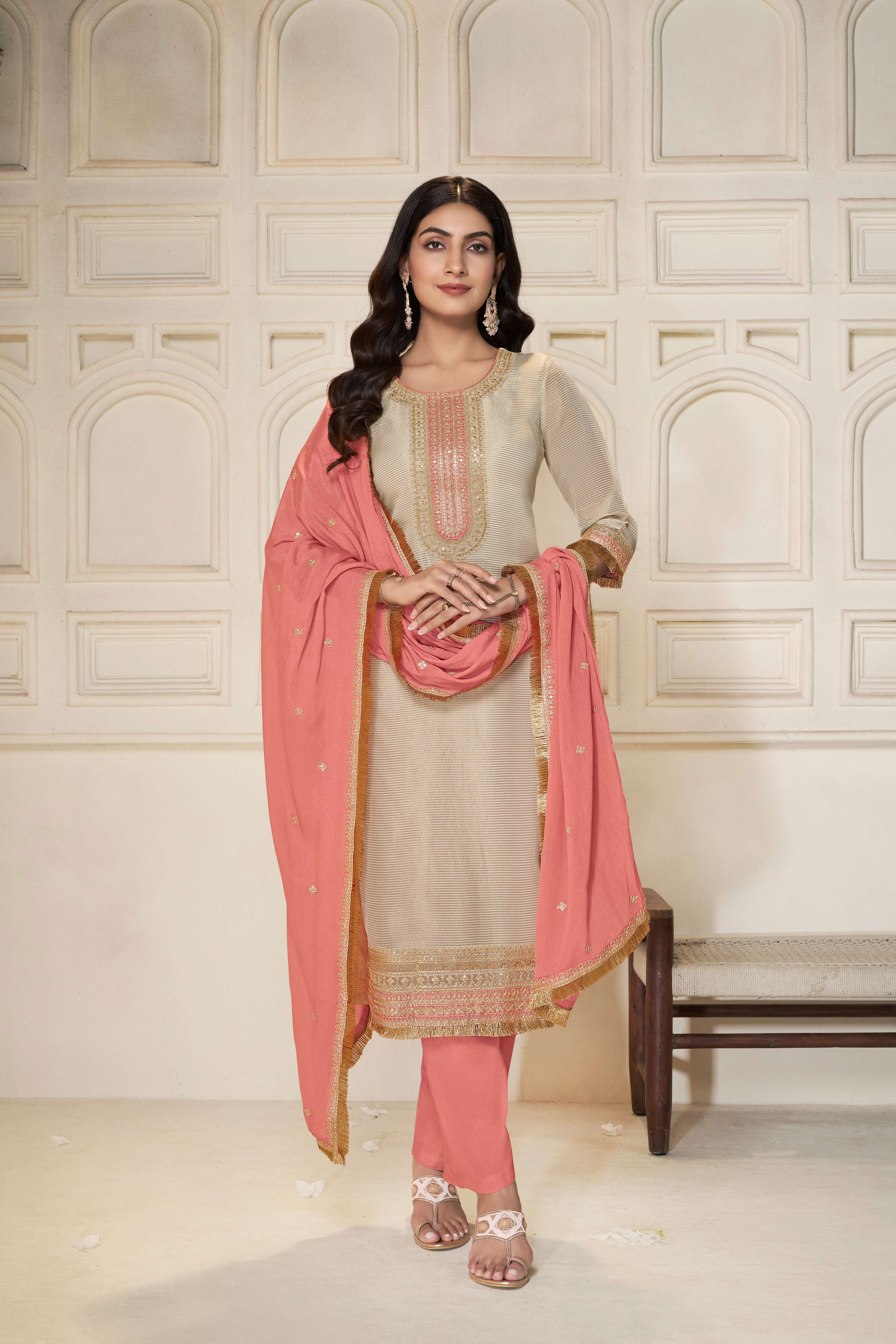 Designer Off White Sequins Embroidery Tissue Kurta Suit Set