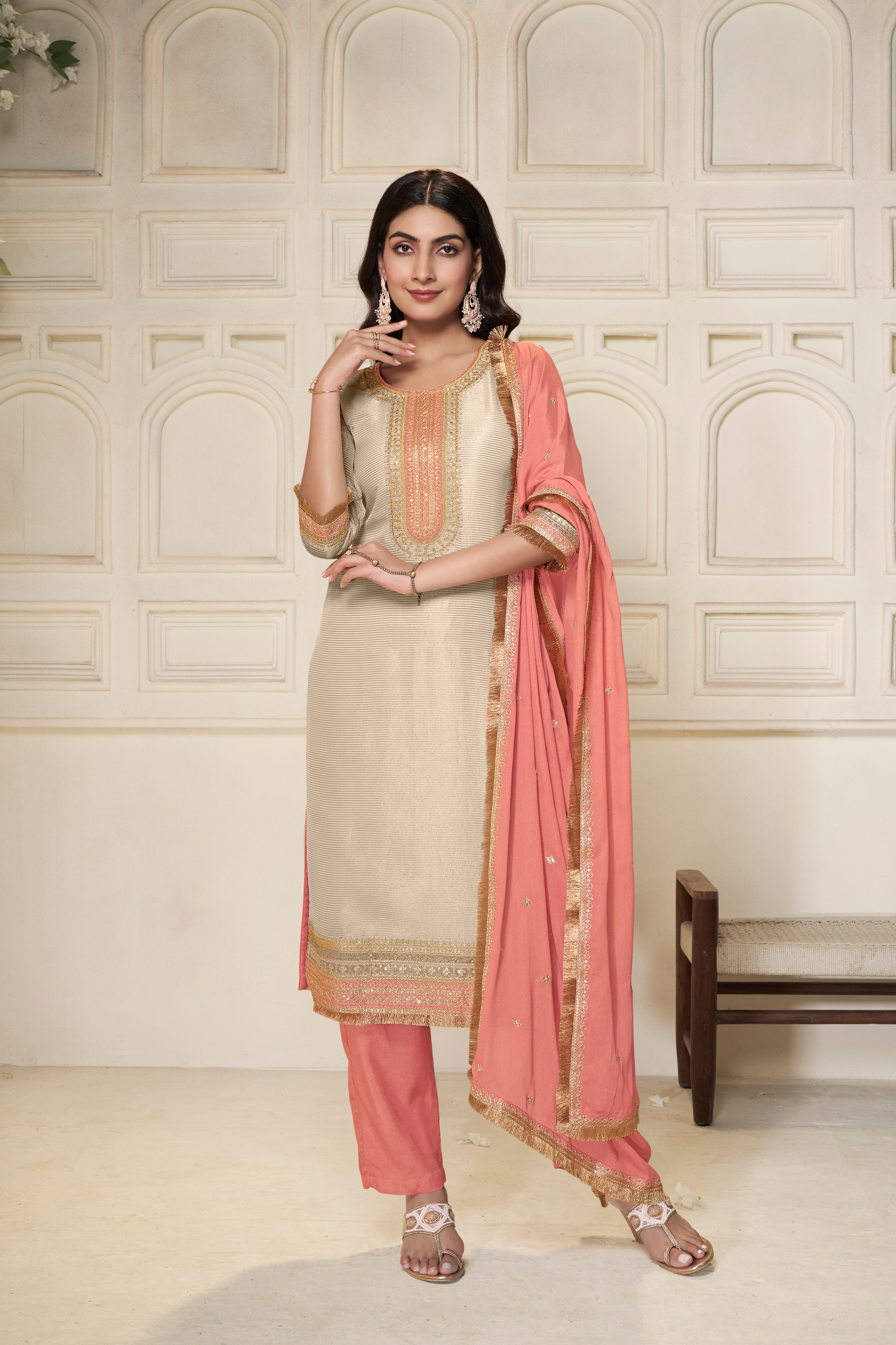 Designer Off White Sequins Embroidery Tissue Kurta Suit Set
