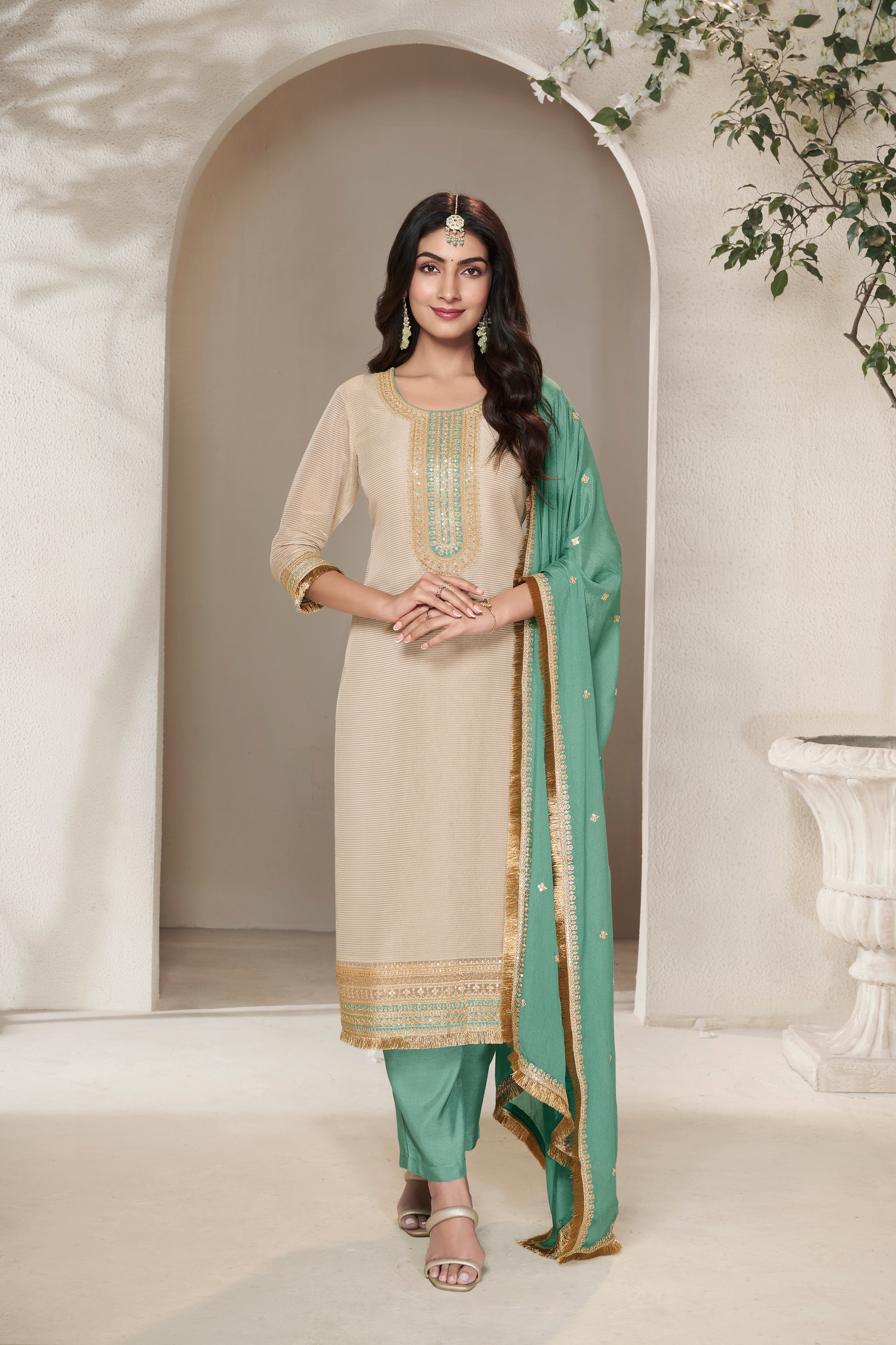 Designer Off White Sequins Embroidery Tissue Kurta Suit Set
