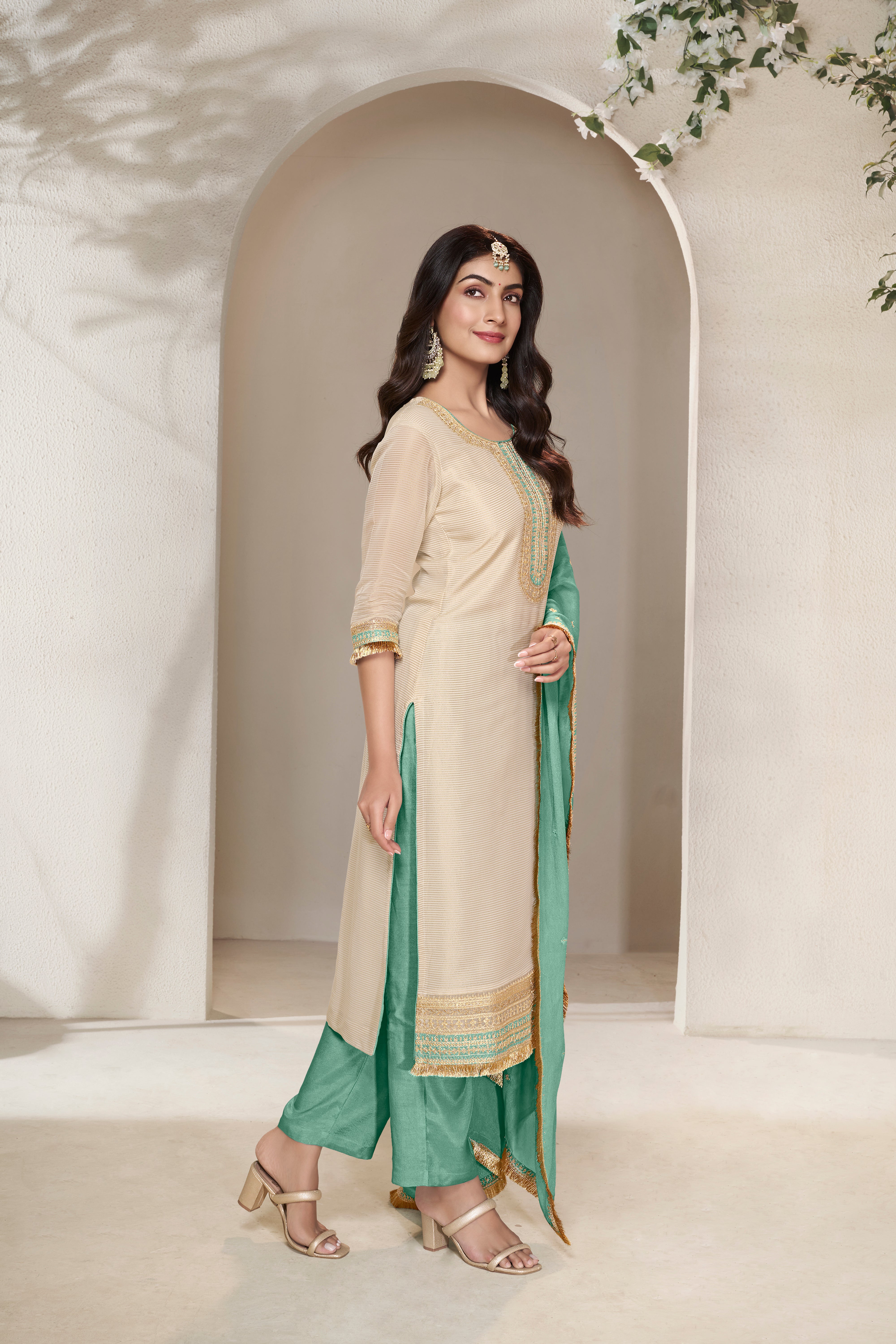 Designer Off White Sequins Embroidery Tissue Kurta Suit Set