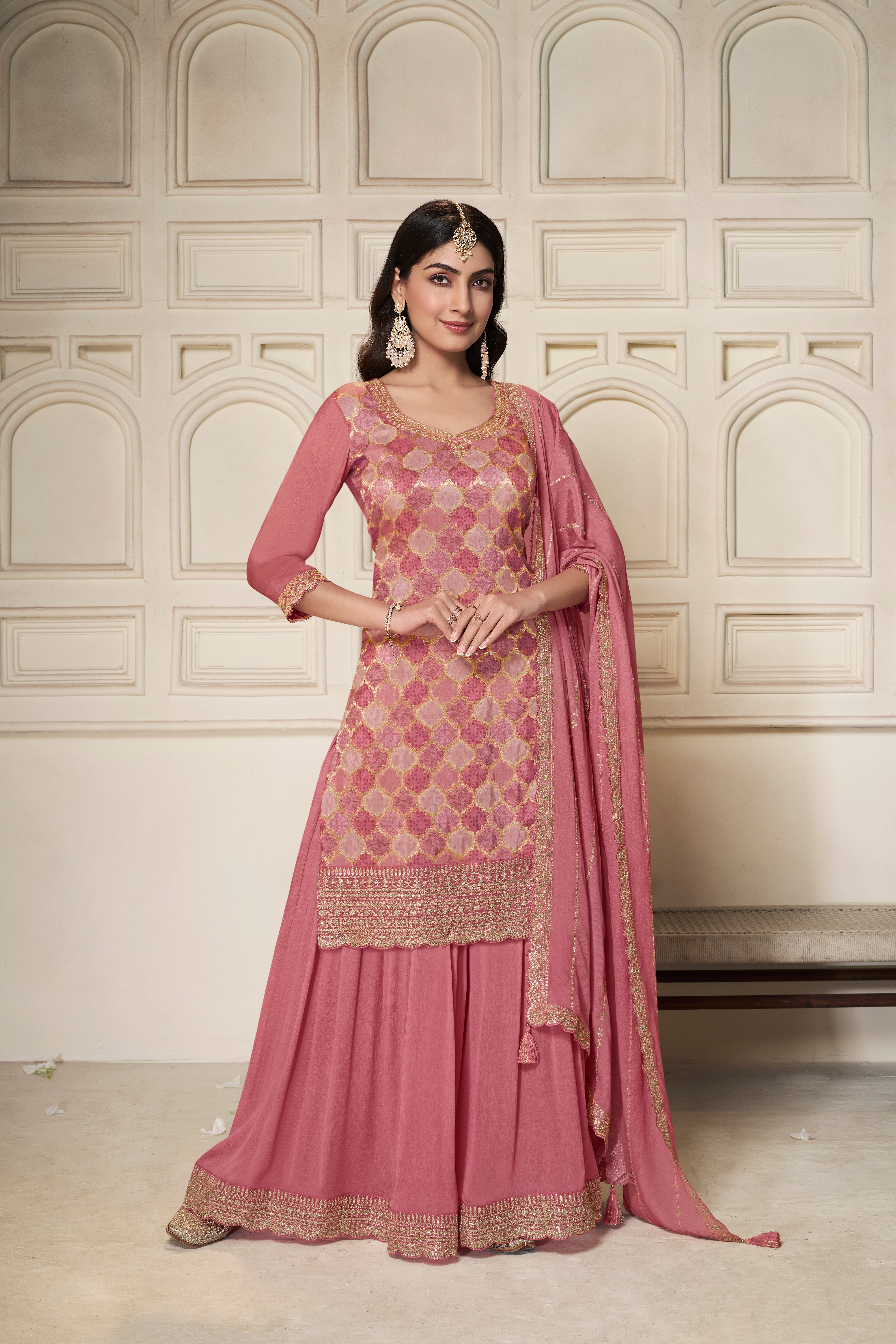 Designer Light Pink Position Print Dola Silk Sharara Suit Set