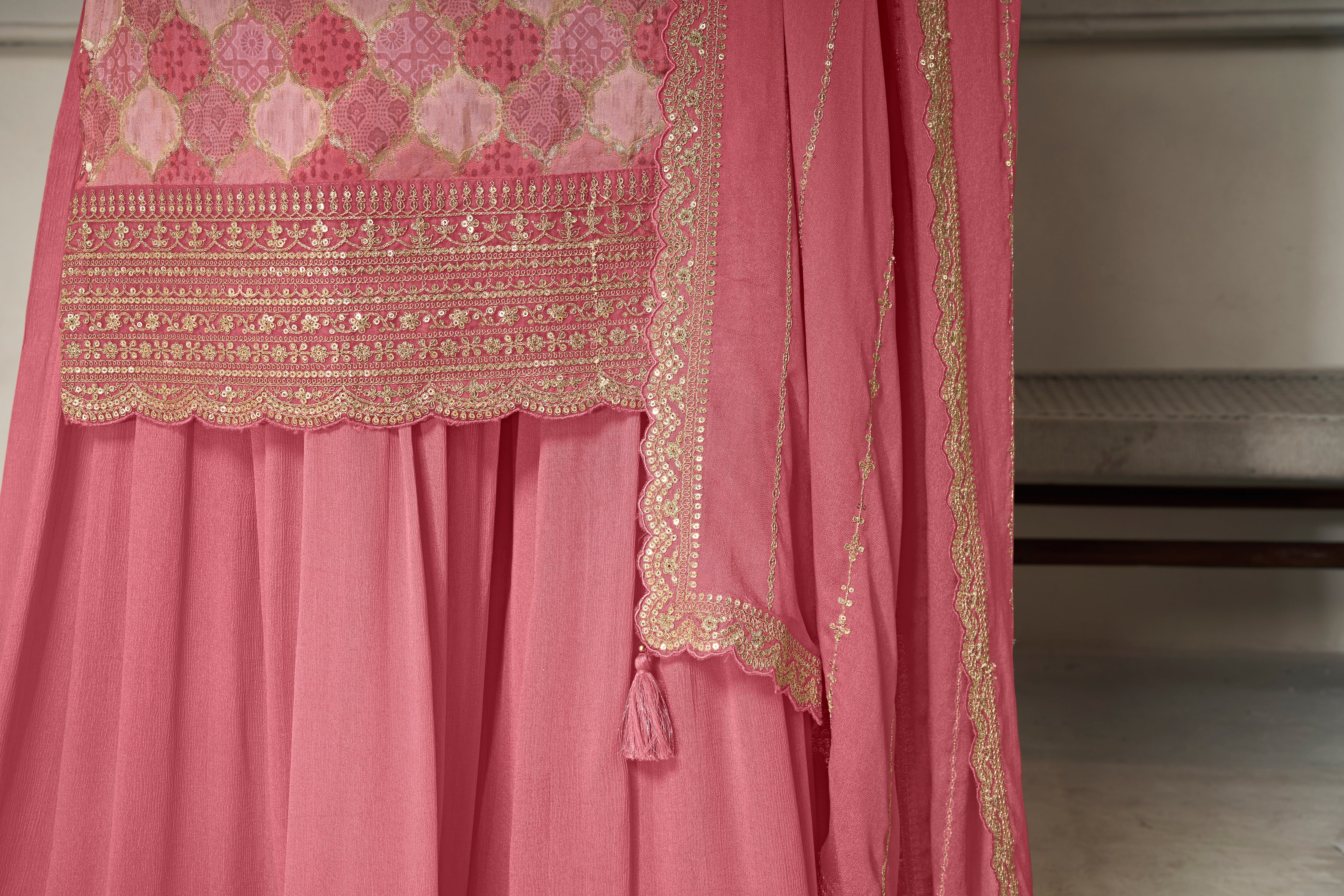 Designer Light Pink Position Print Dola Silk Sharara Suit Set