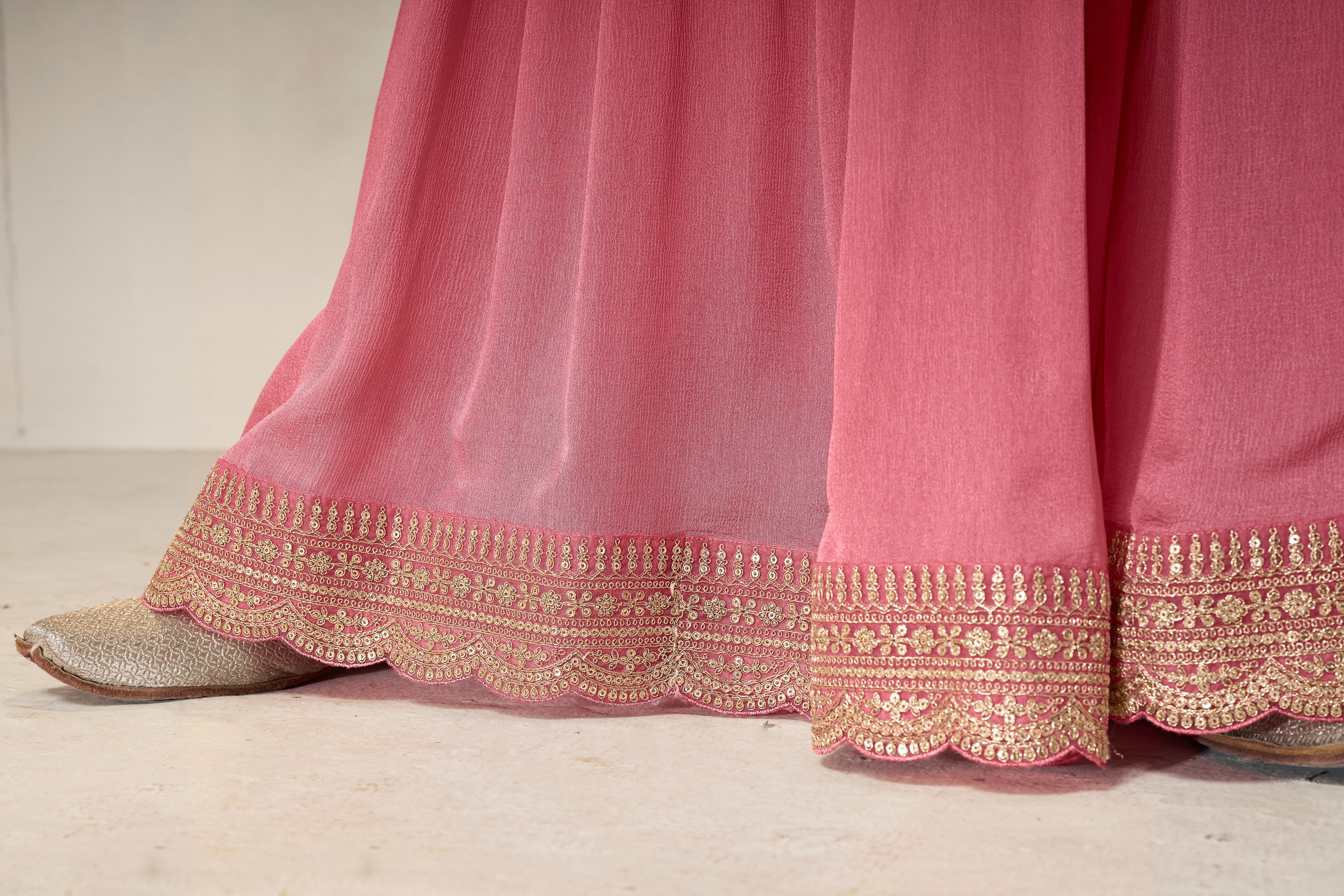 Designer Light Pink Position Print Dola Silk Sharara Suit Set