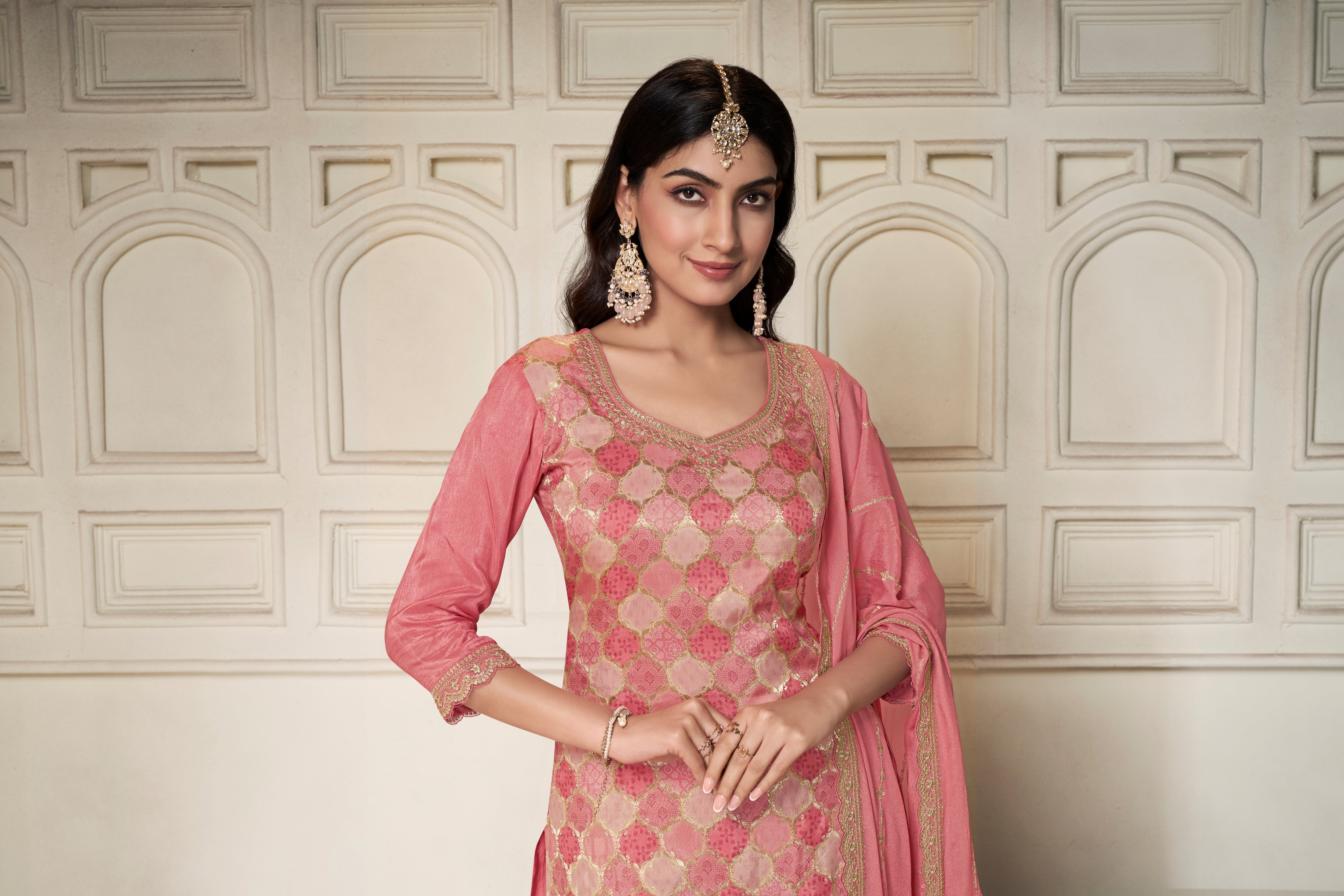 Designer Light Pink Position Print Dola Silk Sharara Suit Set