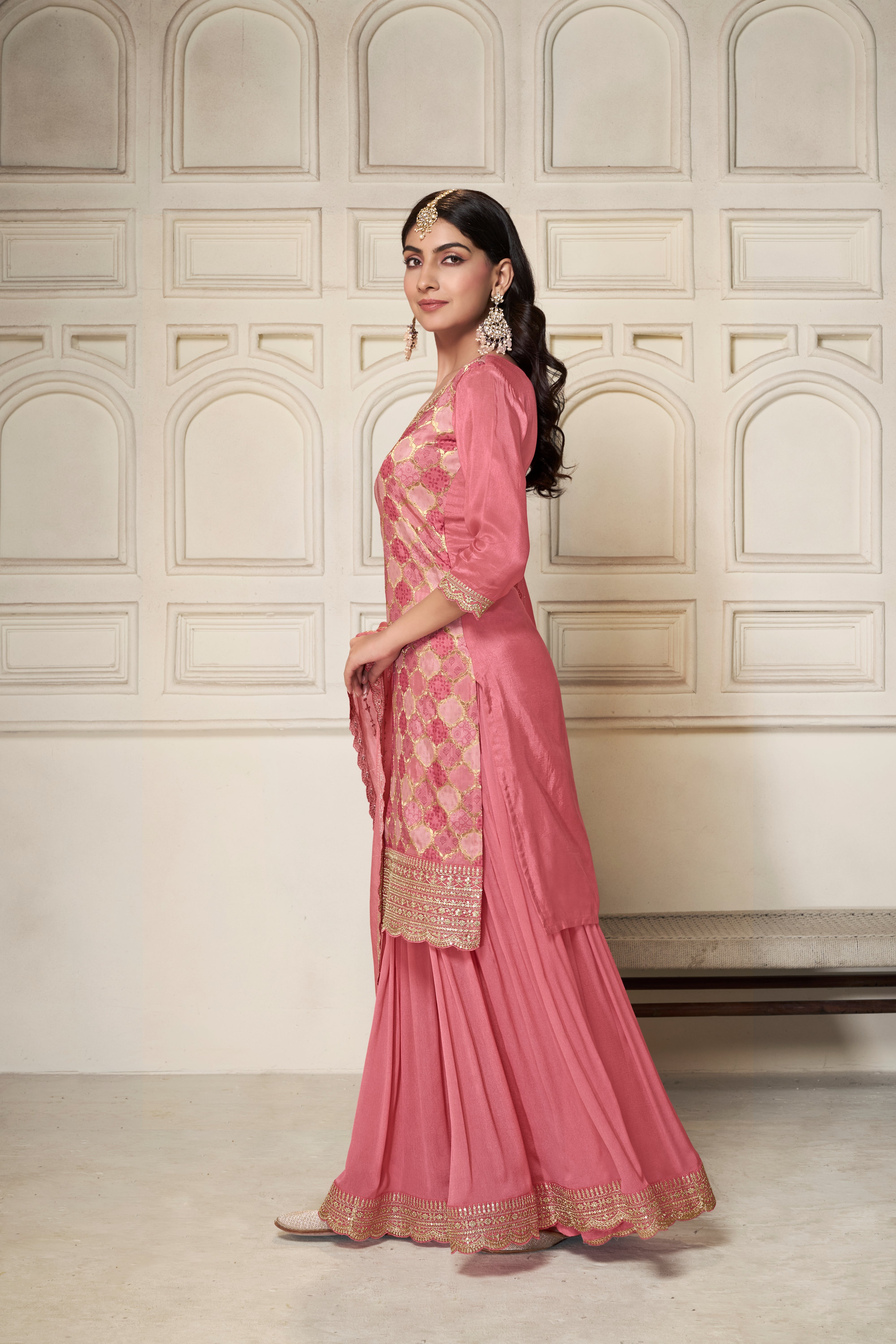 Designer Light Pink Position Print Dola Silk Sharara Suit Set