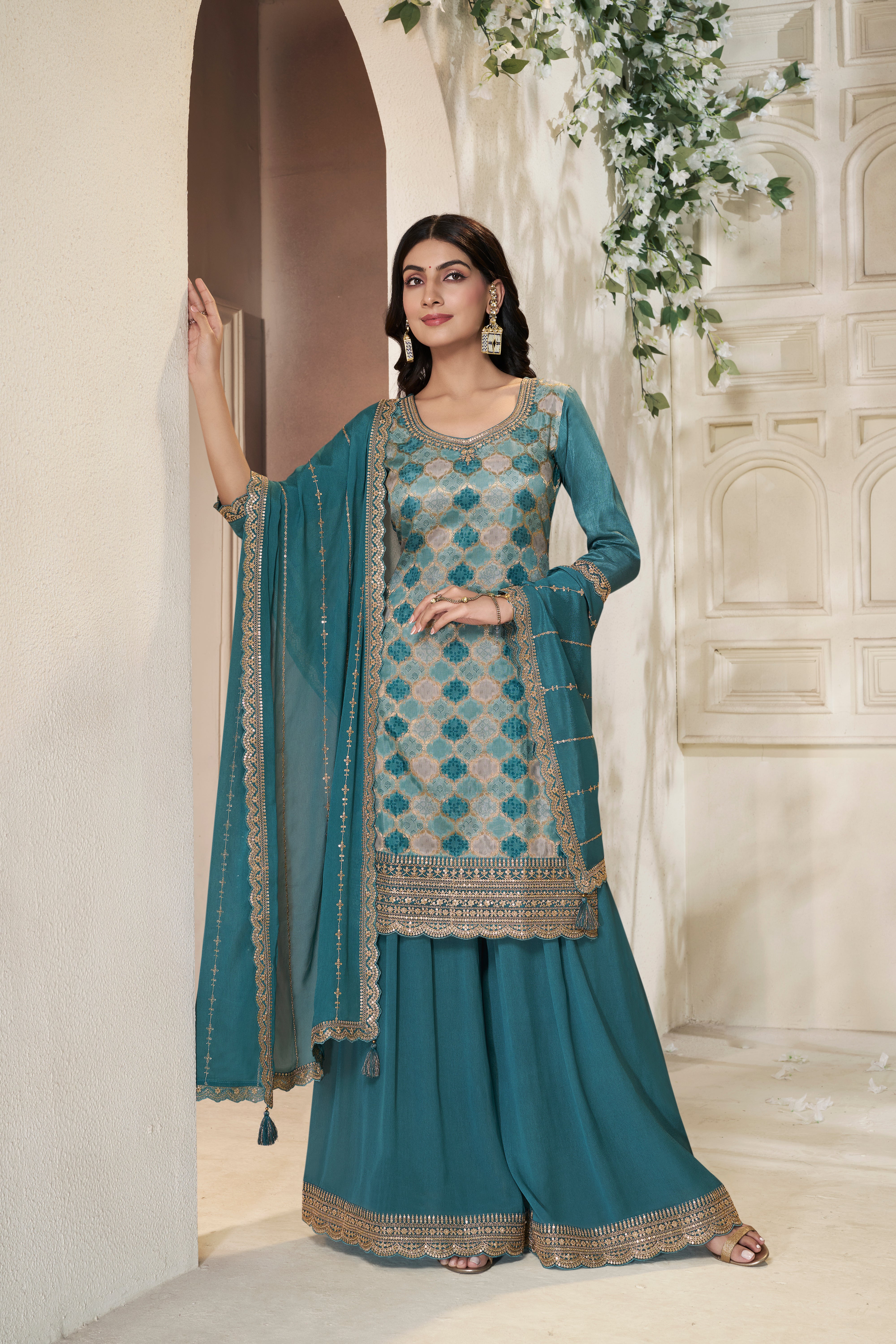 Designer Teal Blue Position Print Dola Silk Sharara Suit Set