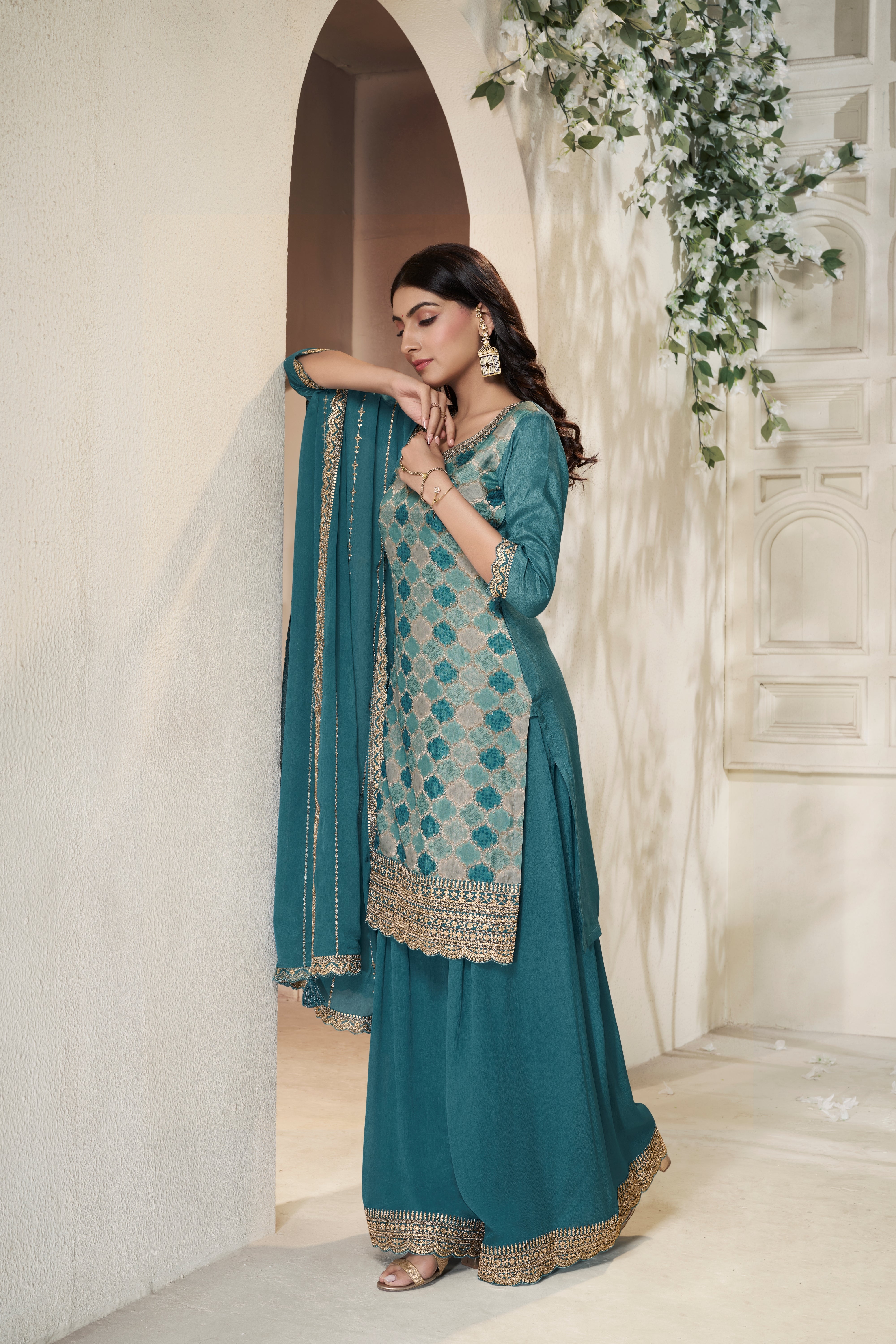 Designer Teal Blue Position Print Dola Silk Sharara Suit Set