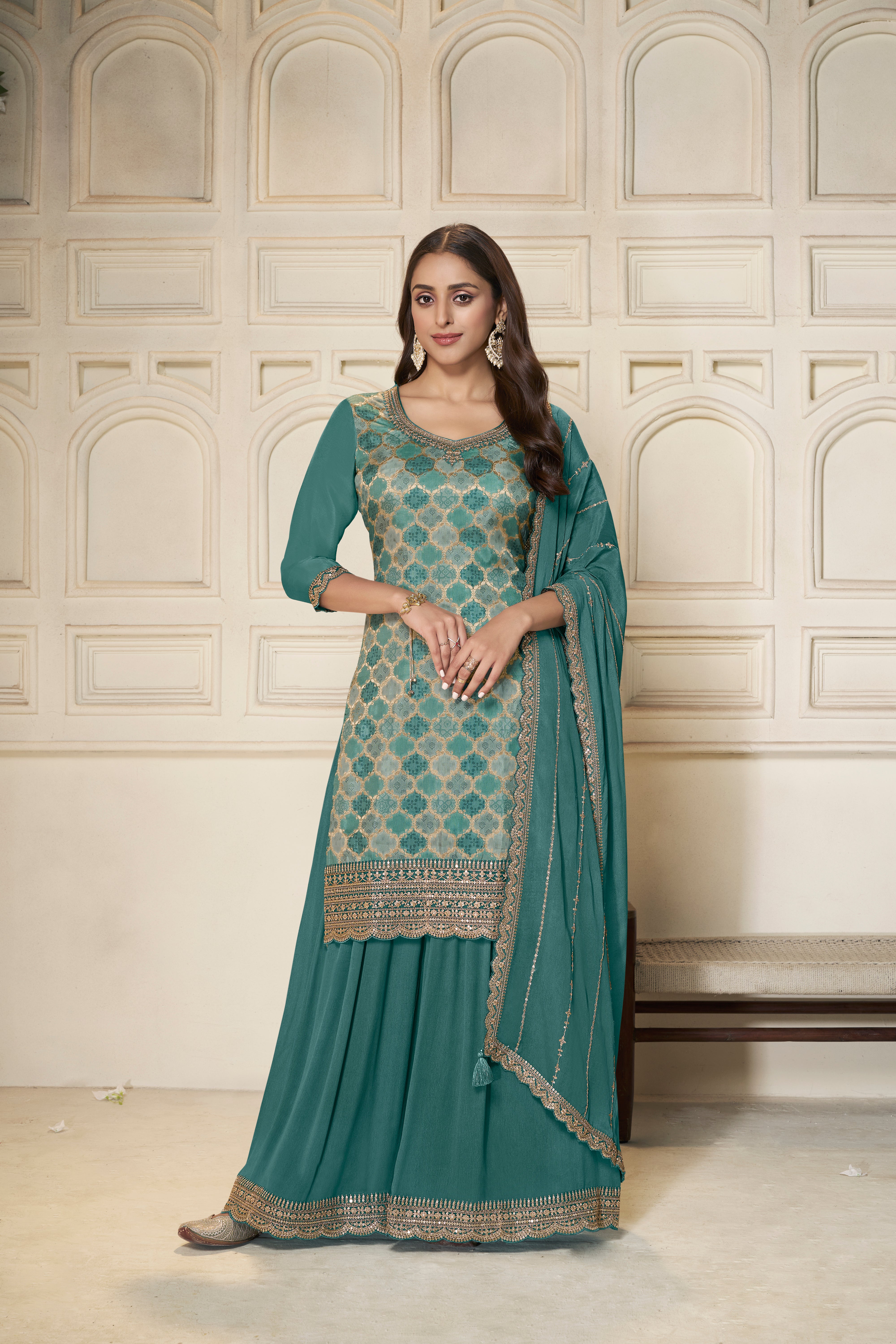 Designer Teal Green Position Print Dola Silk Sharara Suit Set