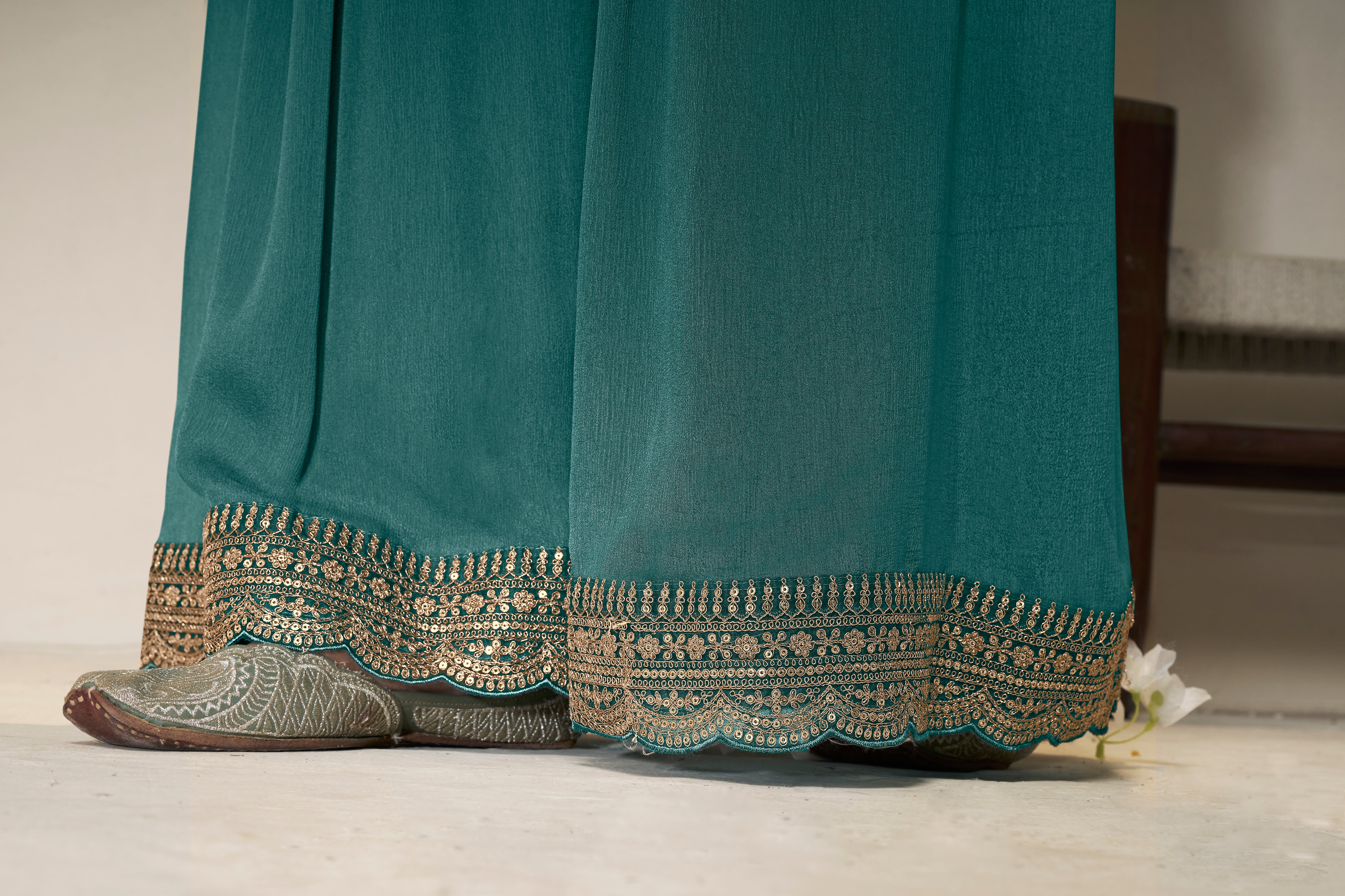 Designer Teal Green Position Print Dola Silk Sharara Suit Set