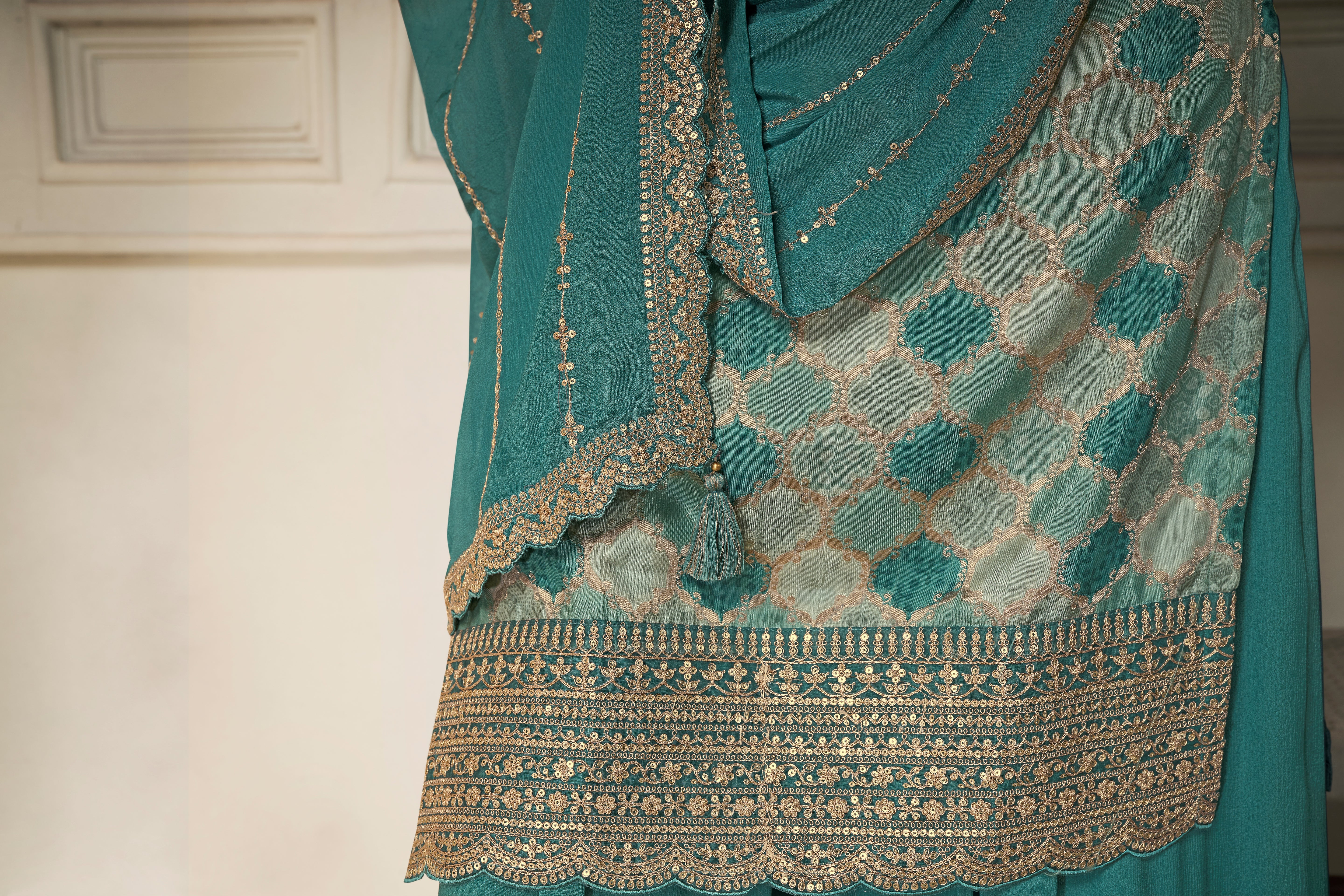 Designer Teal Green Position Print Dola Silk Sharara Suit Set