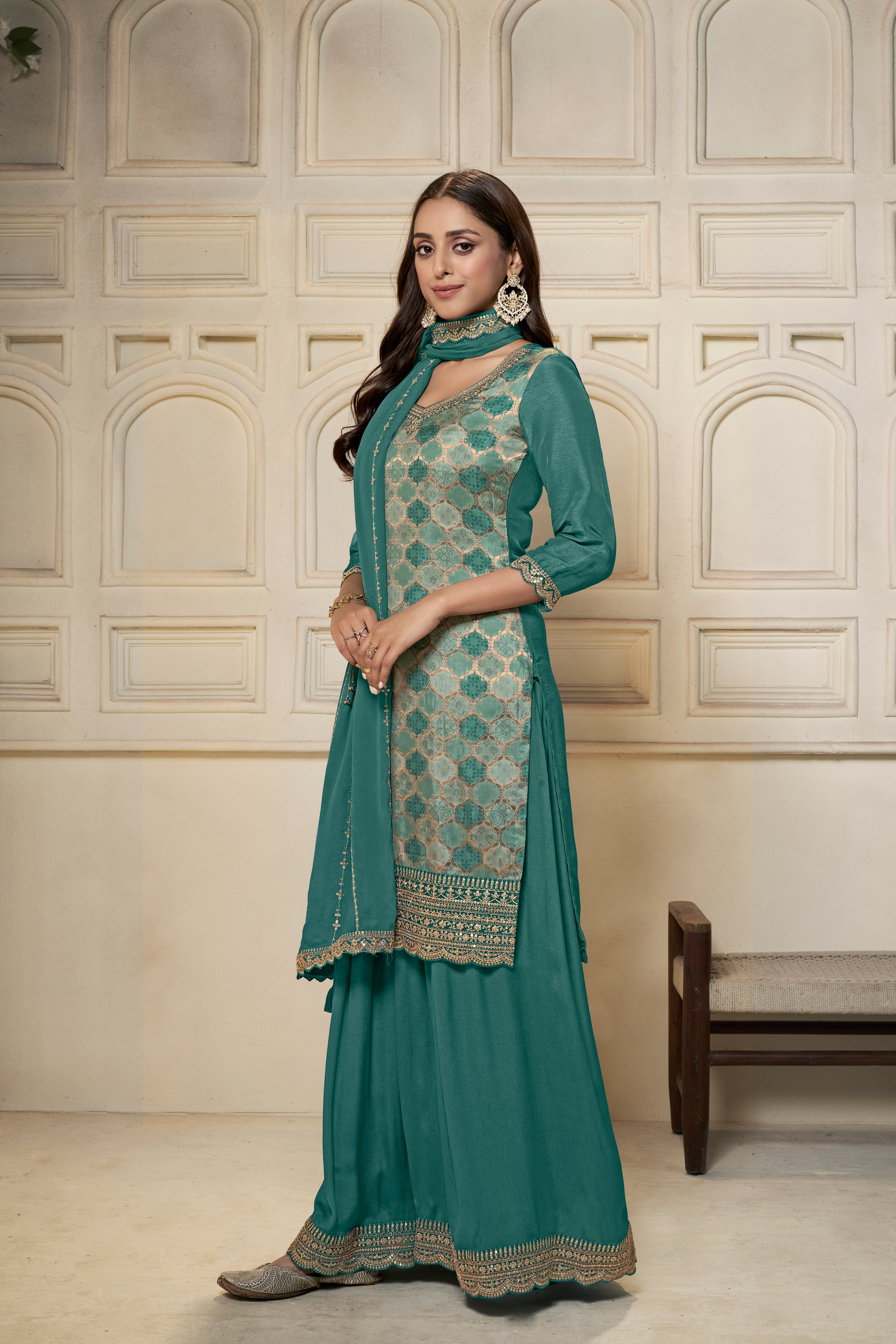 Designer Teal Green Position Print Dola Silk Sharara Suit Set
