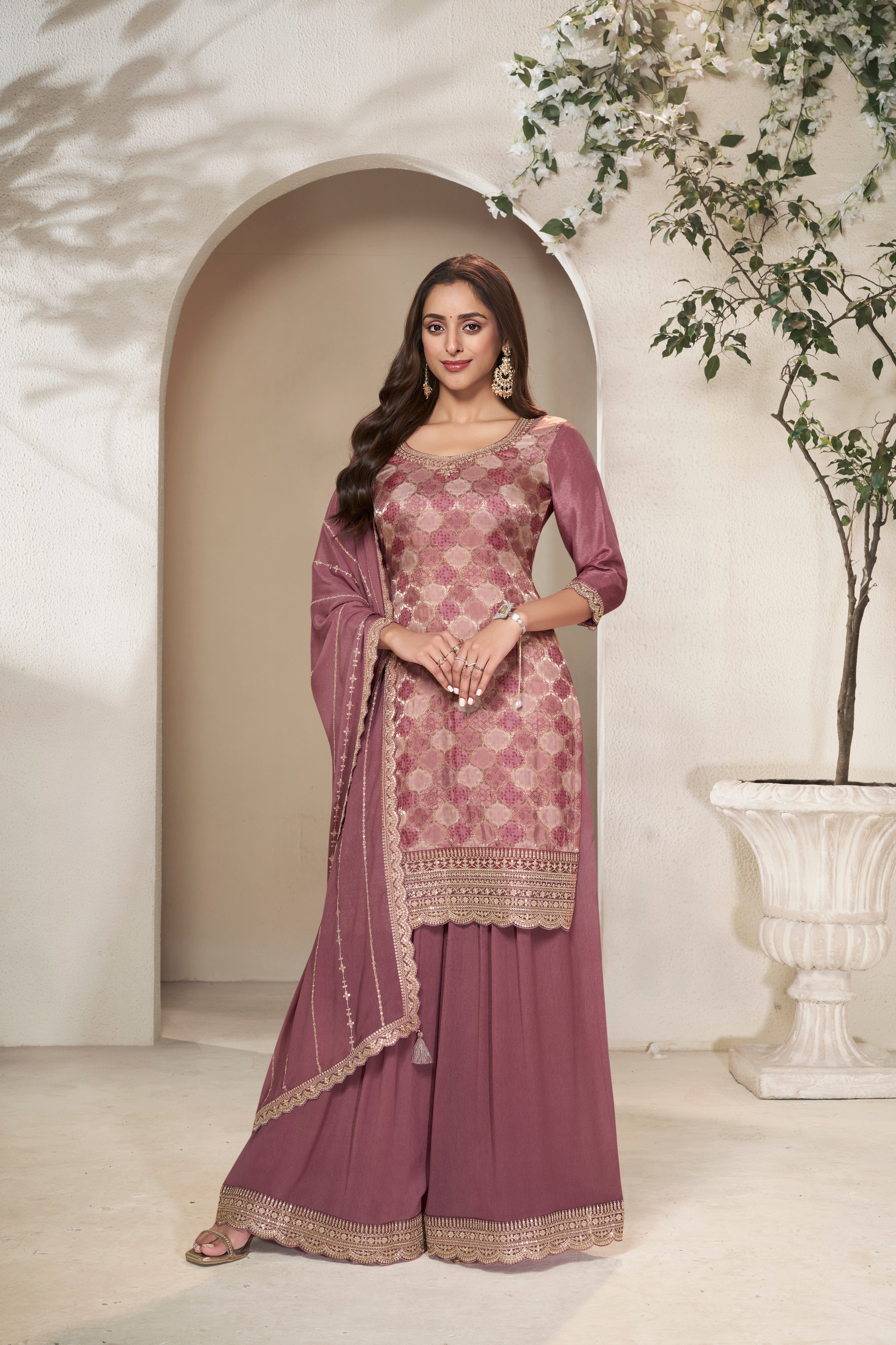 Designer Burgundy Position Print Dola Silk Sharara Suit Set