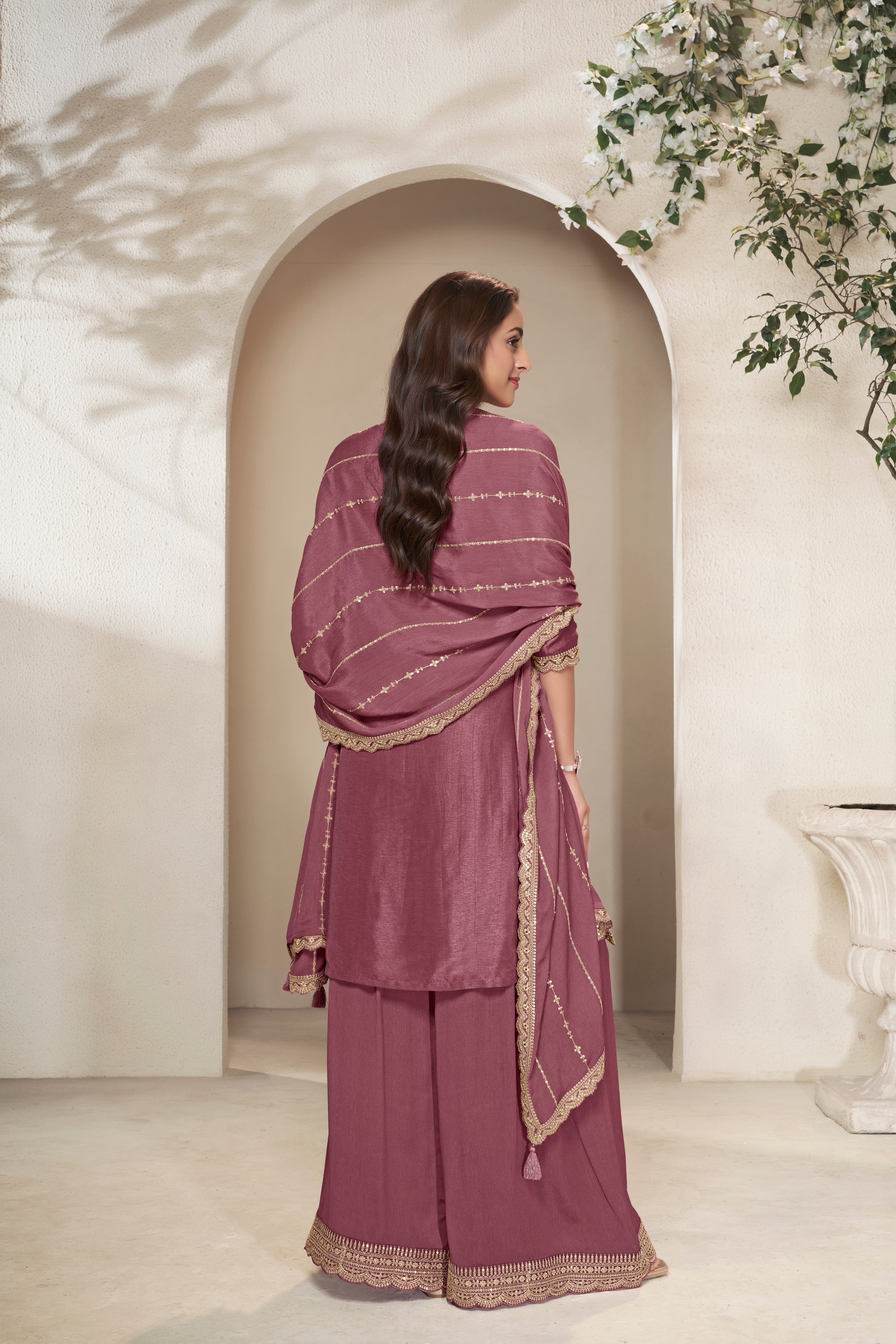 Designer Burgundy Position Print Dola Silk Sharara Suit Set