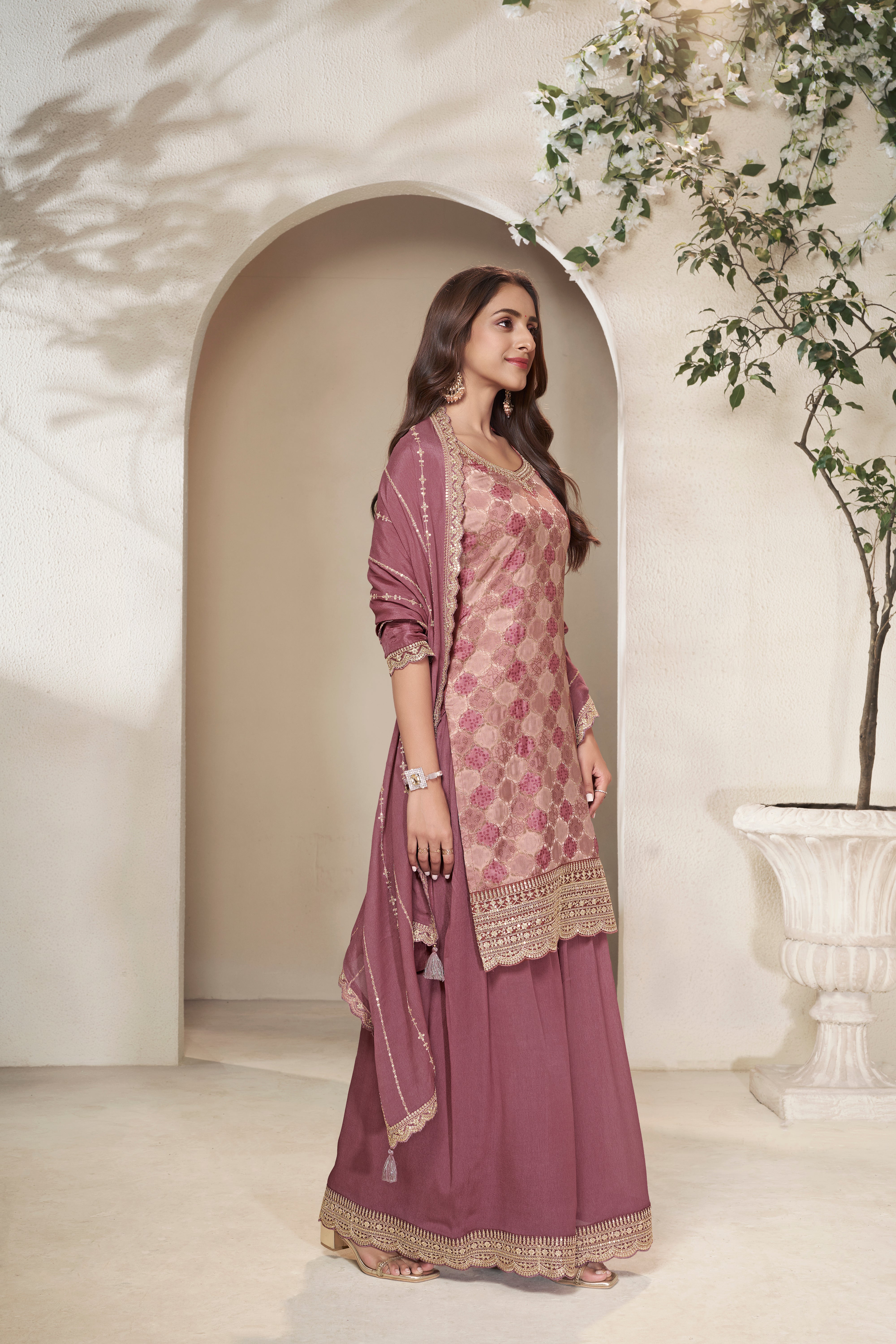 Designer Burgundy Position Print Dola Silk Sharara Suit Set