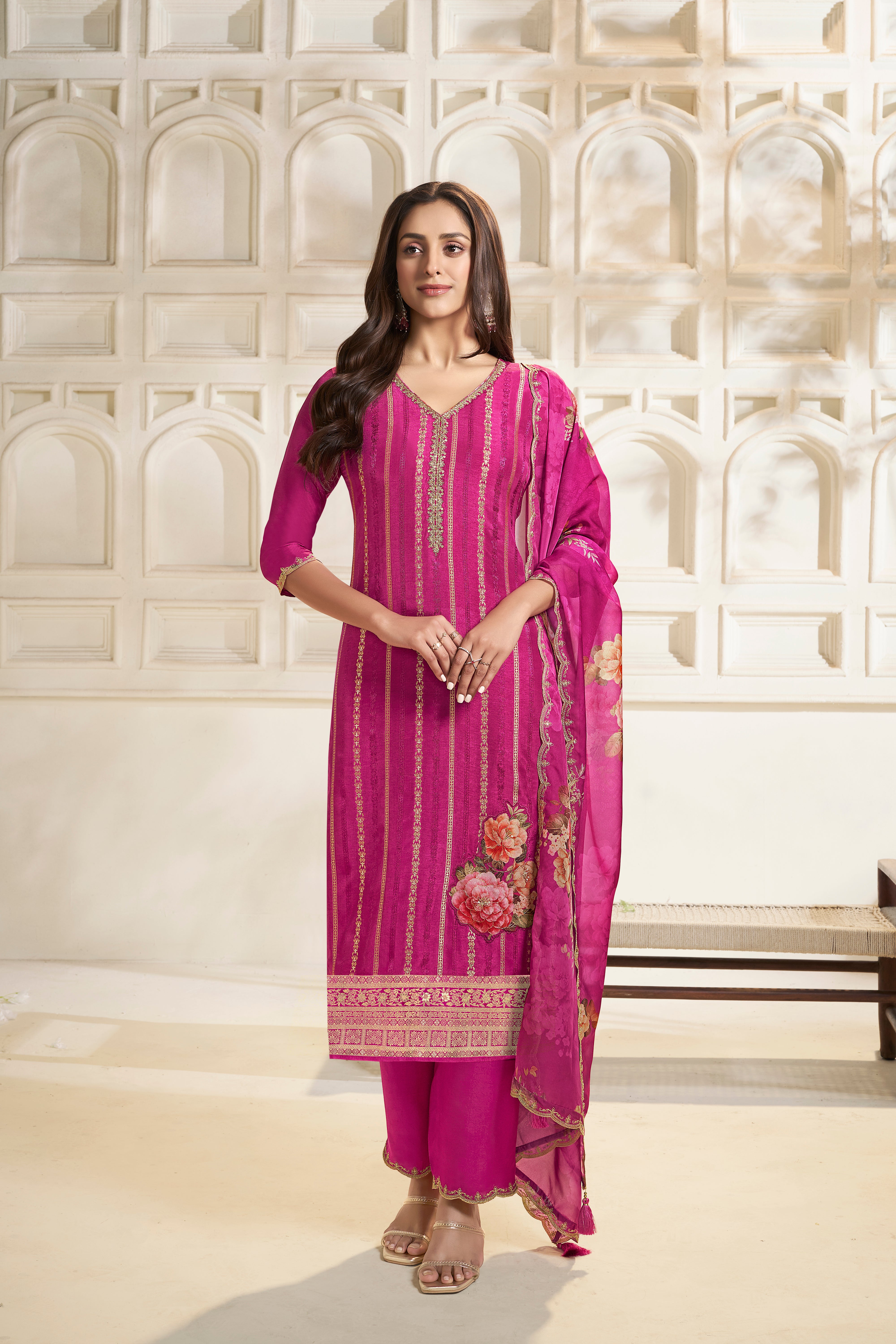 Designer Pink Jacquard Weave Dola Silk Kurta Suit Set
