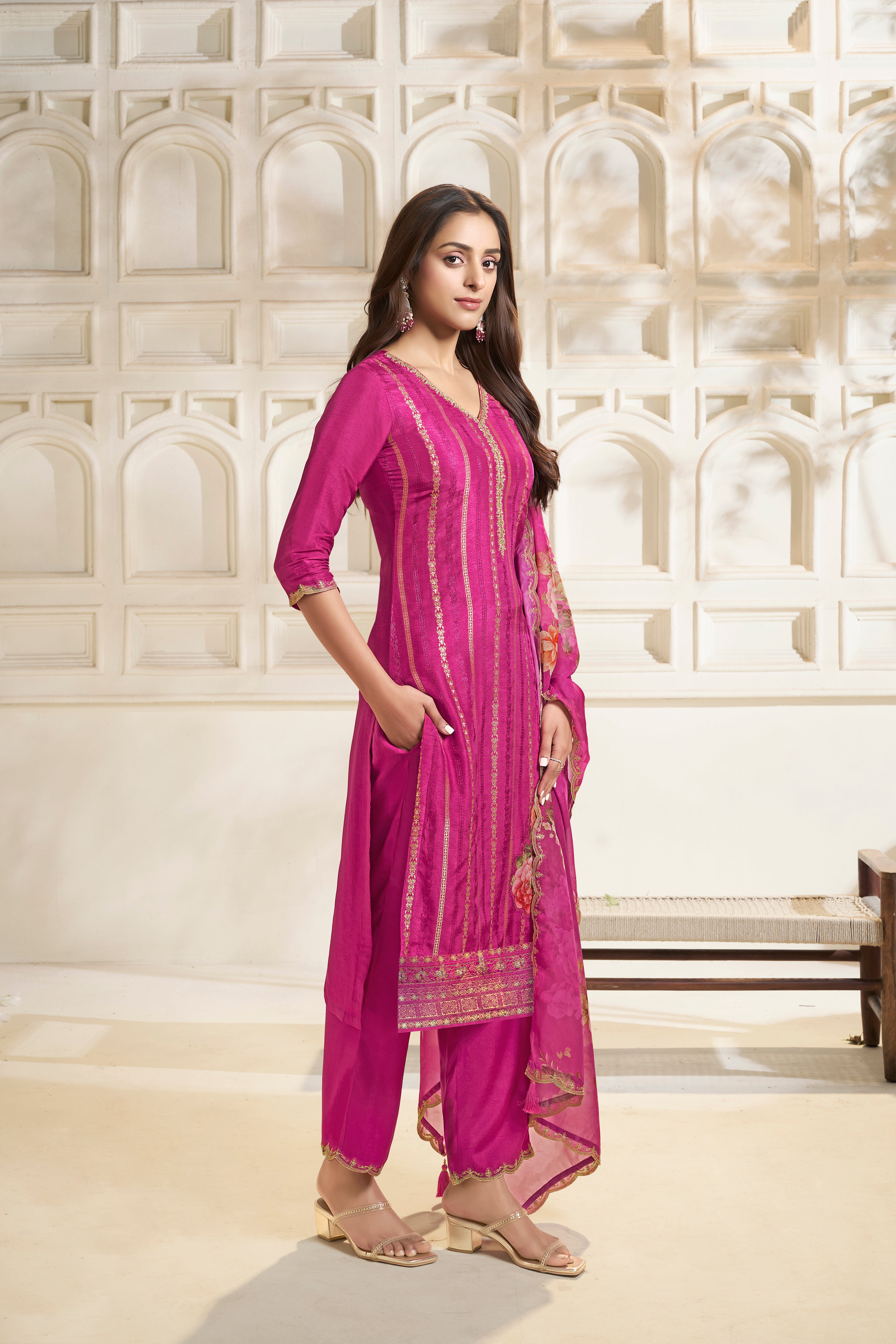 Designer Pink Jacquard Weave Dola Silk Kurta Suit Set