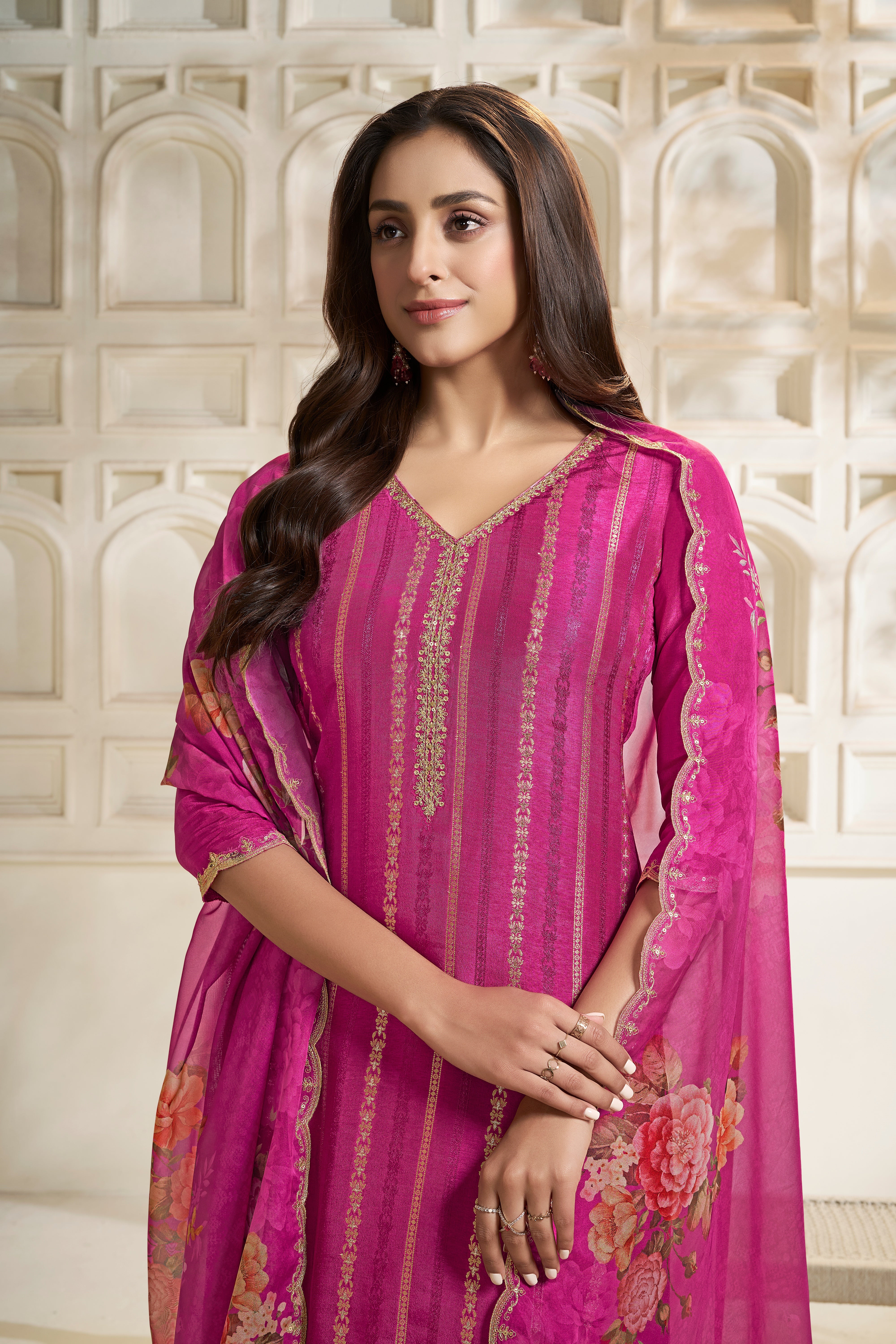 Designer Pink Jacquard Weave Dola Silk Kurta Suit Set