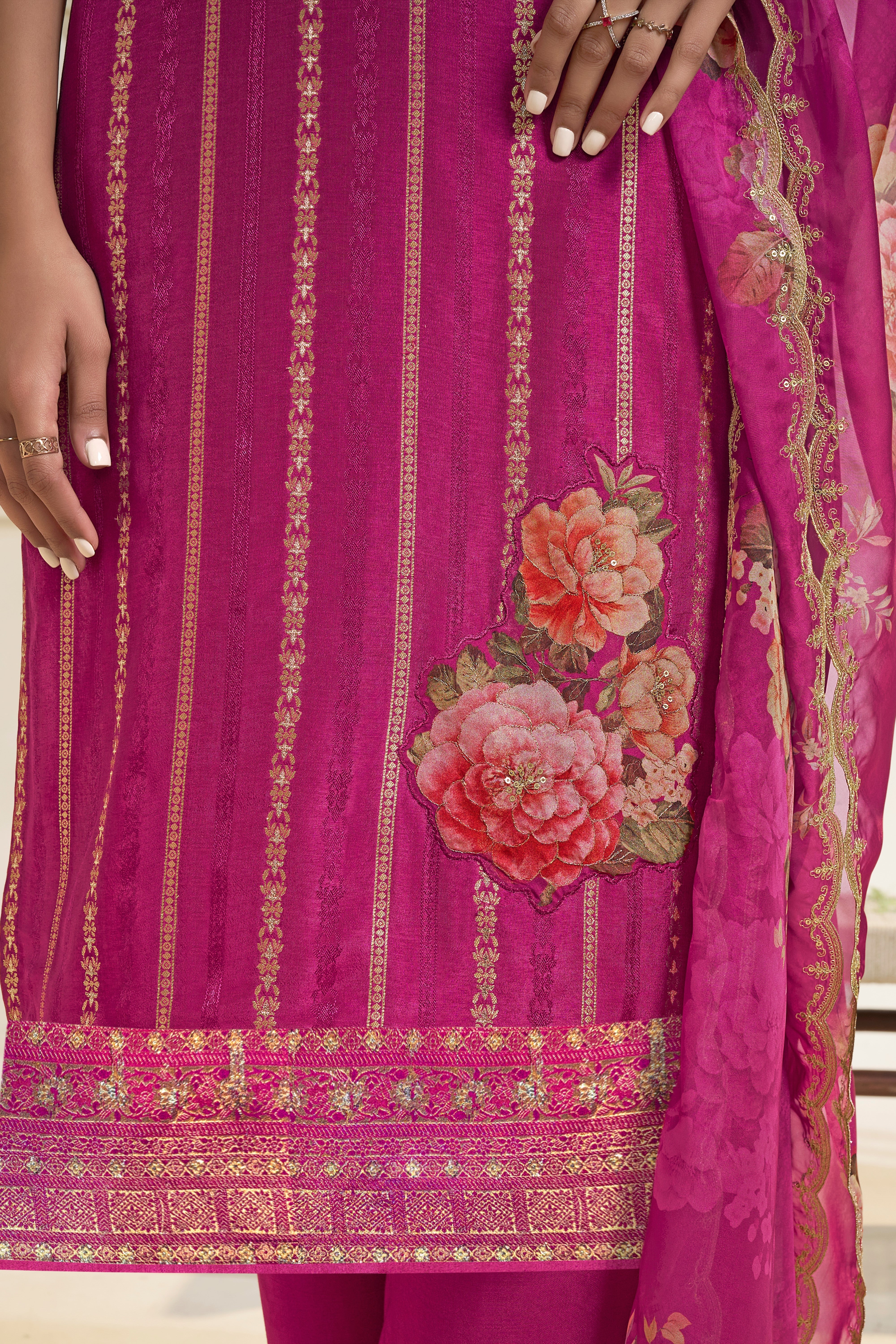 Designer Pink Jacquard Weave Dola Silk Kurta Suit Set