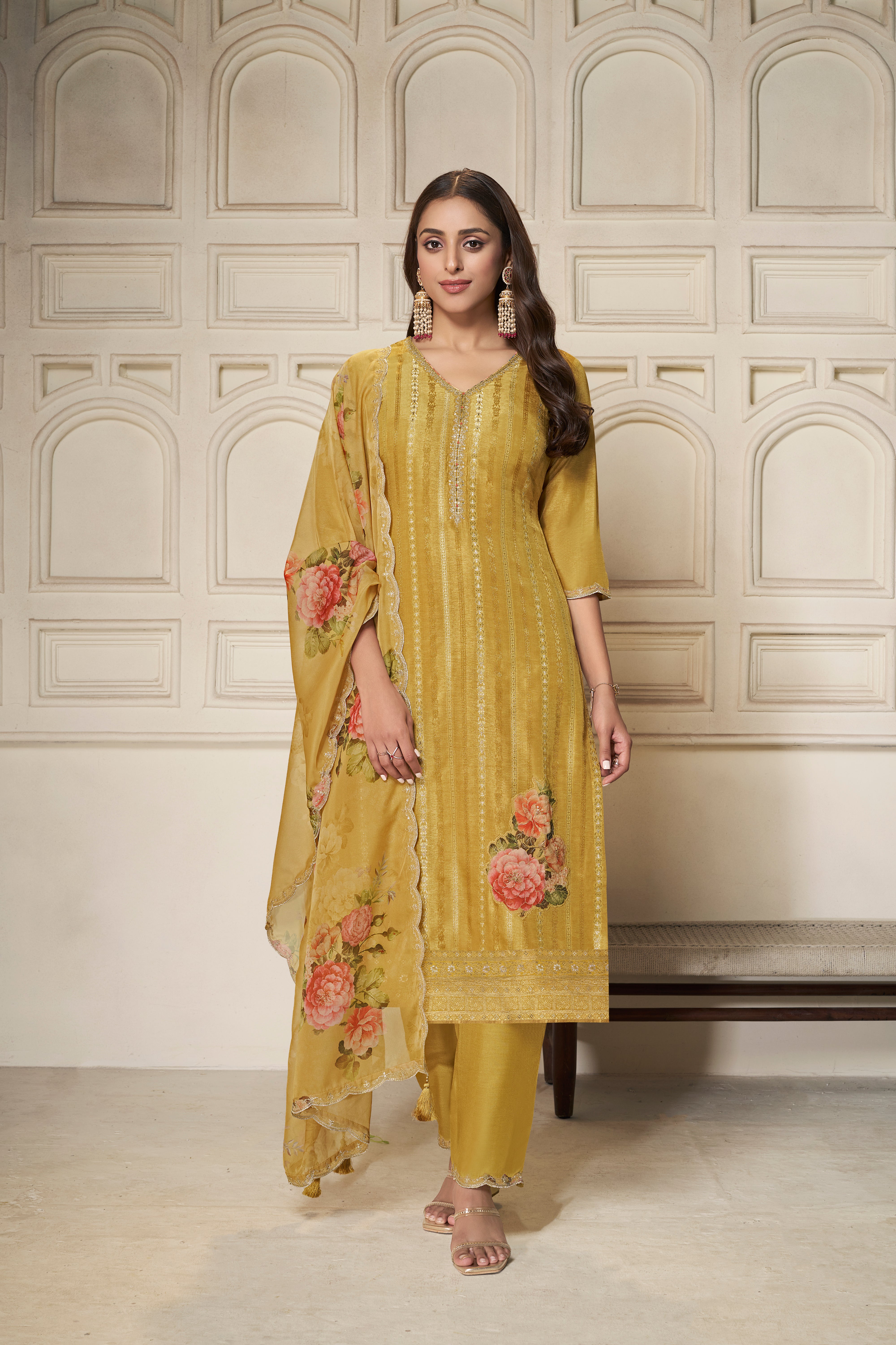 Designer Yellow Jacquard Weave Dola Silk Kurta Suit Set