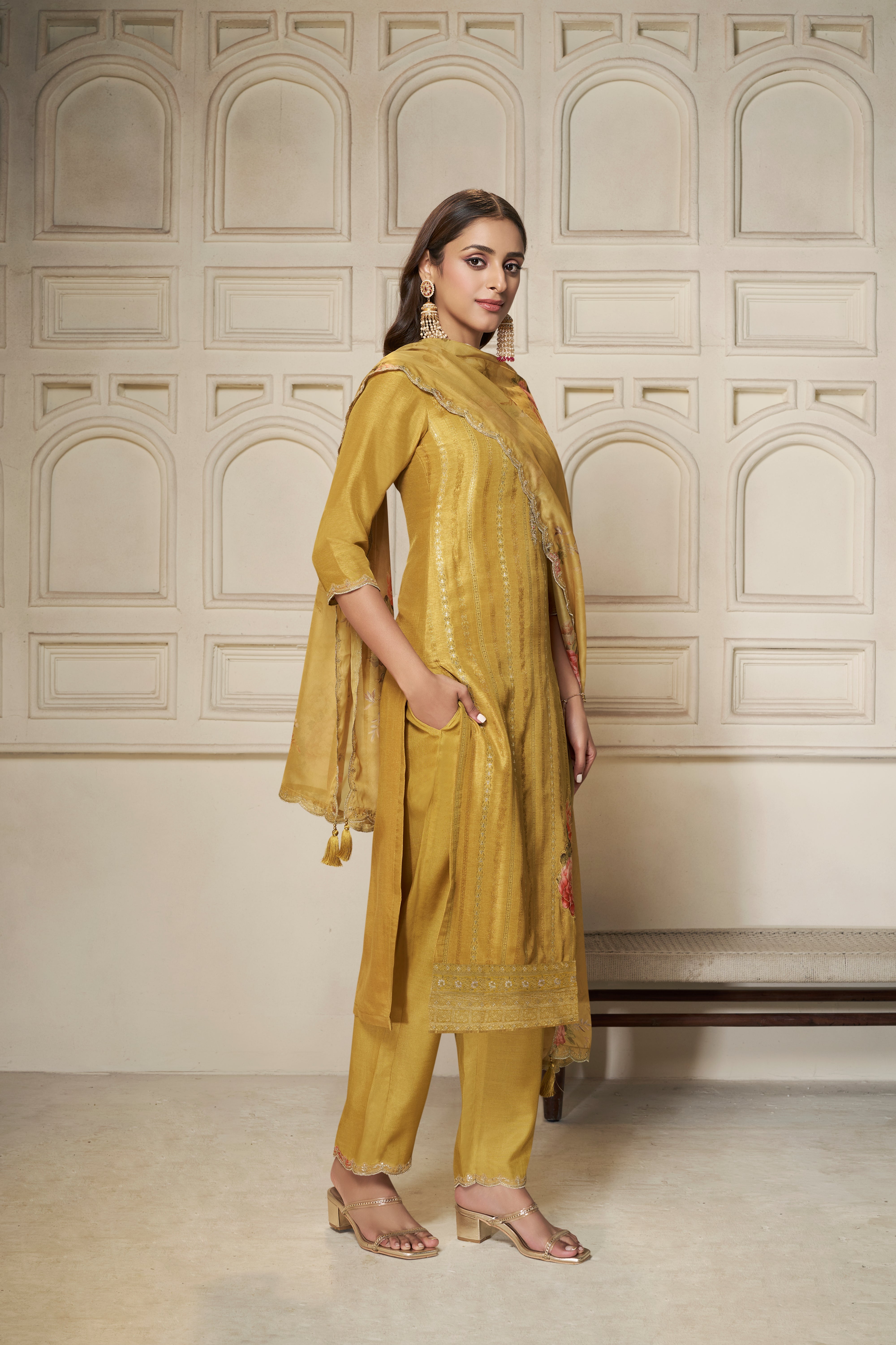 Designer Yellow Jacquard Weave Dola Silk Kurta Suit Set