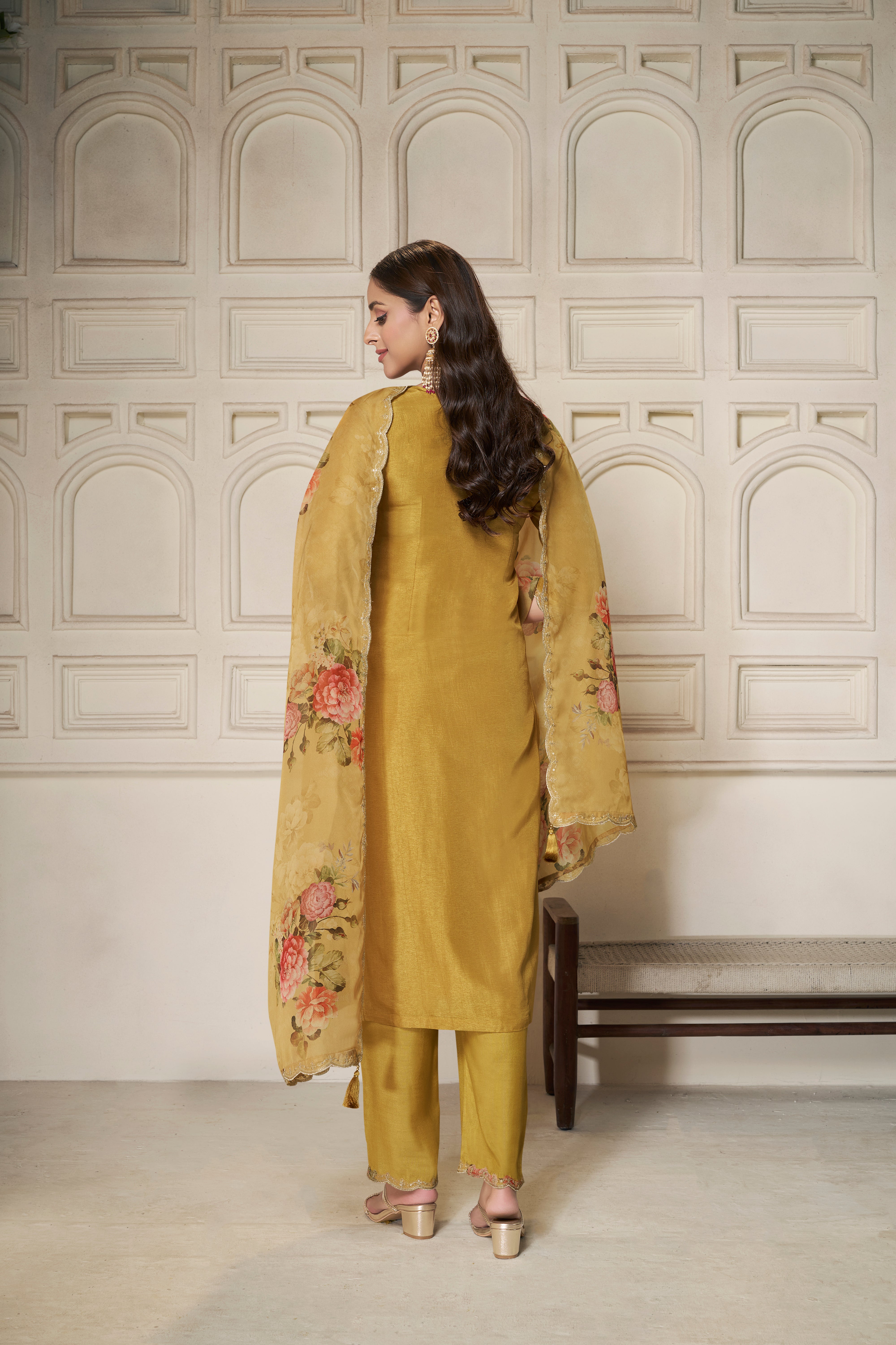 Designer Yellow Jacquard Weave Dola Silk Kurta Suit Set