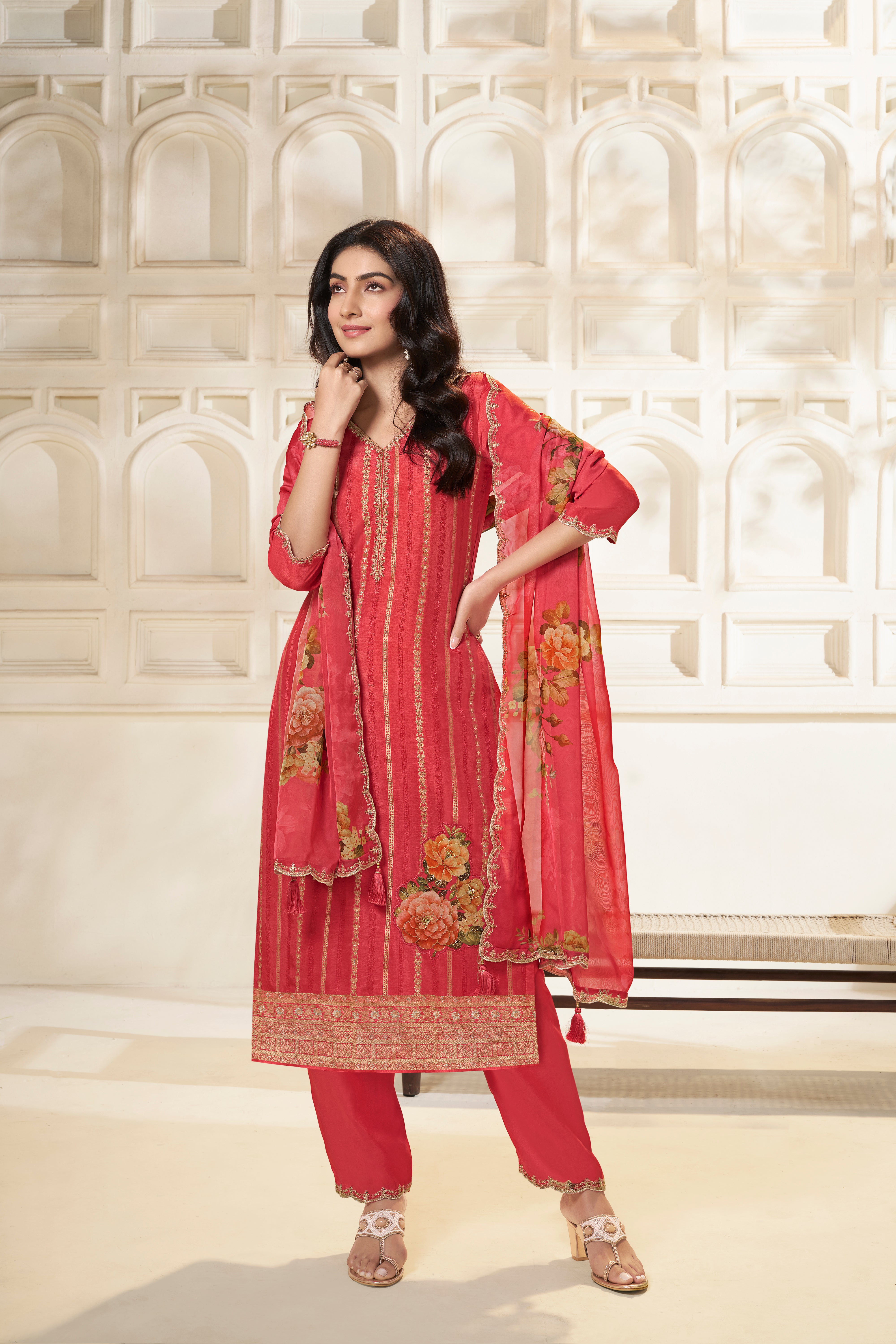 Designer Peach Jacquard Weave Dola Silk Kurta Suit Set