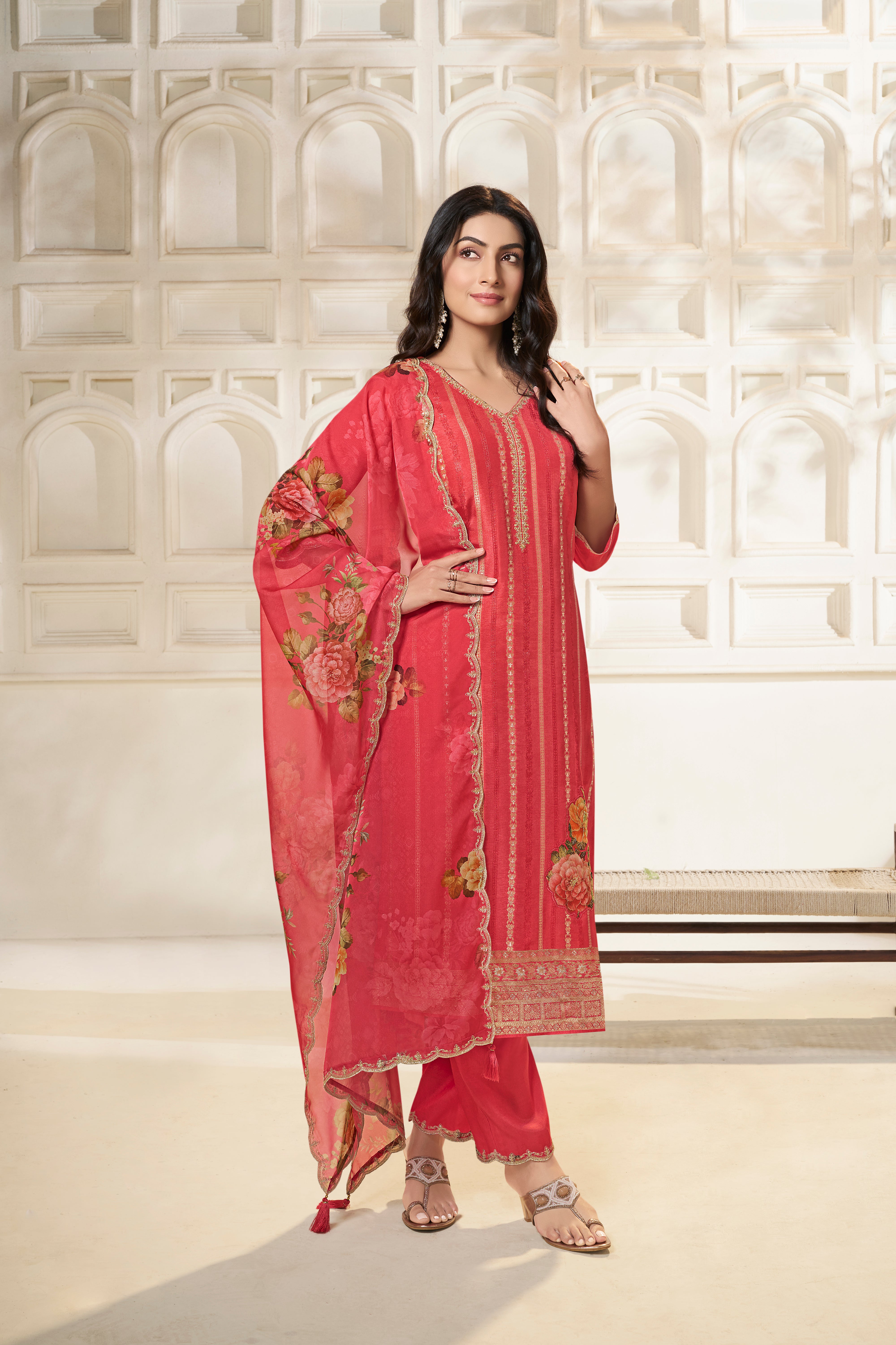 Designer Peach Jacquard Weave Dola Silk Kurta Suit Set