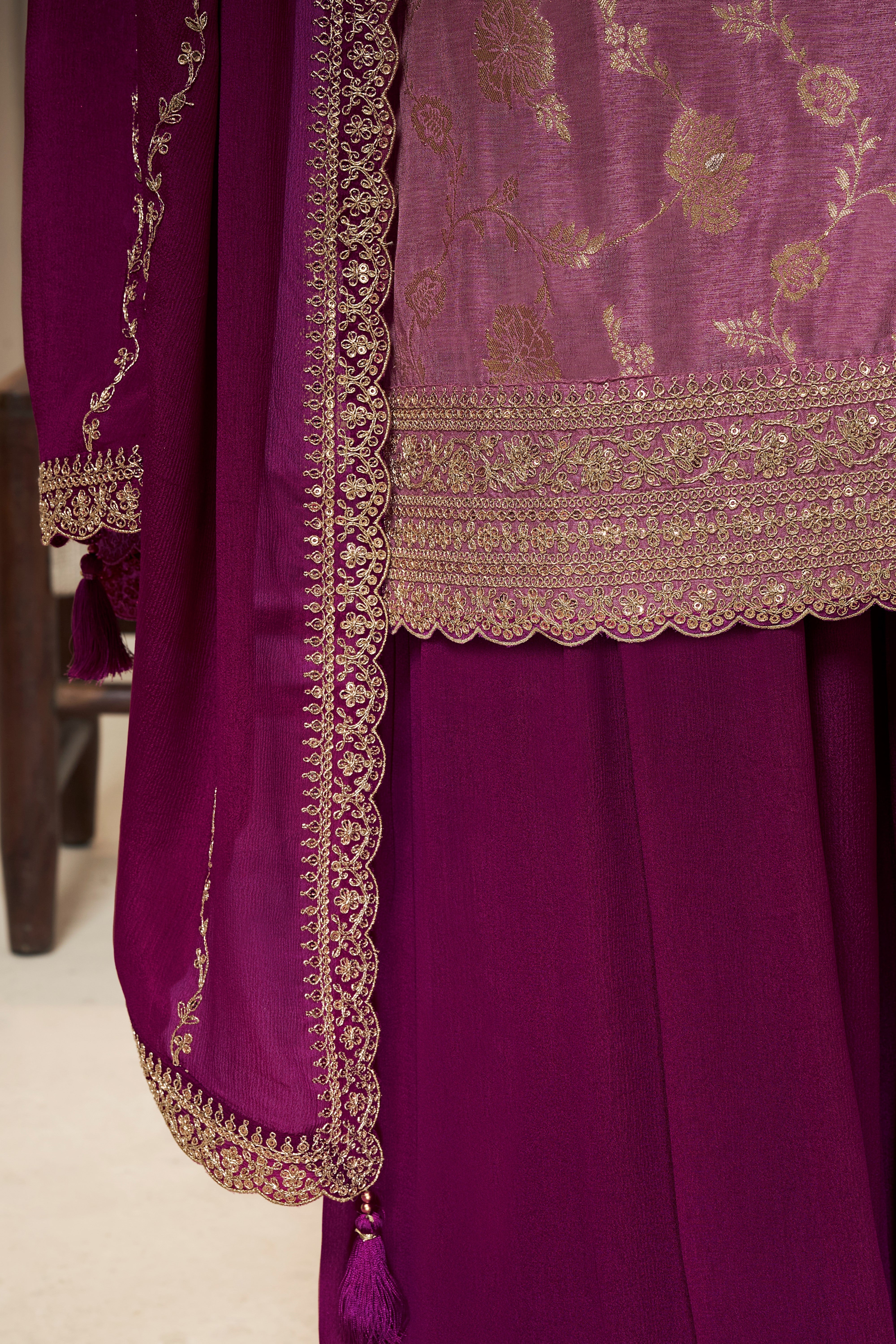 Designer Light Pink Jacquard Weave Dola Silk Sharara Suit Set
