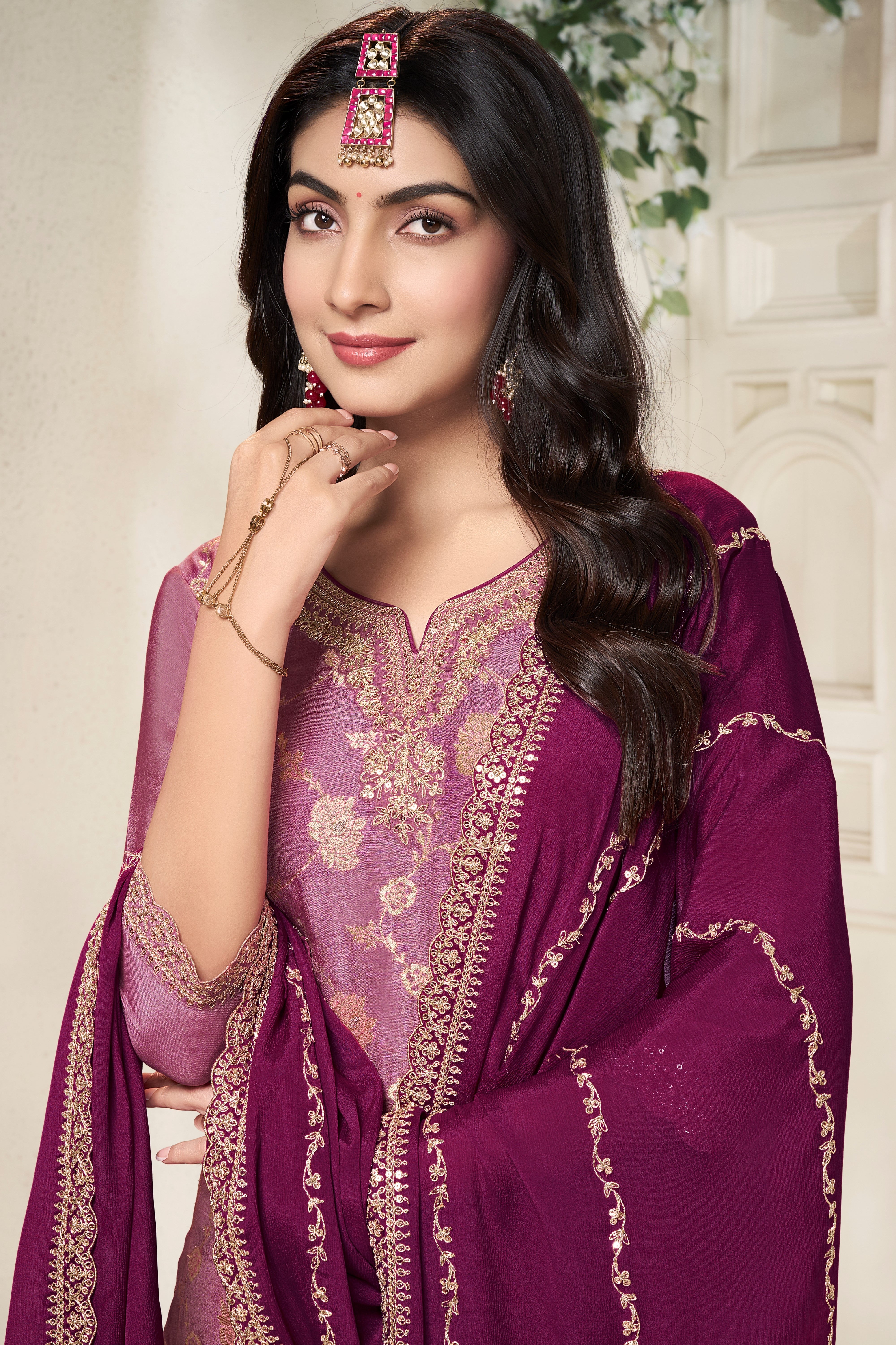 Designer Light Pink Jacquard Weave Dola Silk Sharara Suit Set