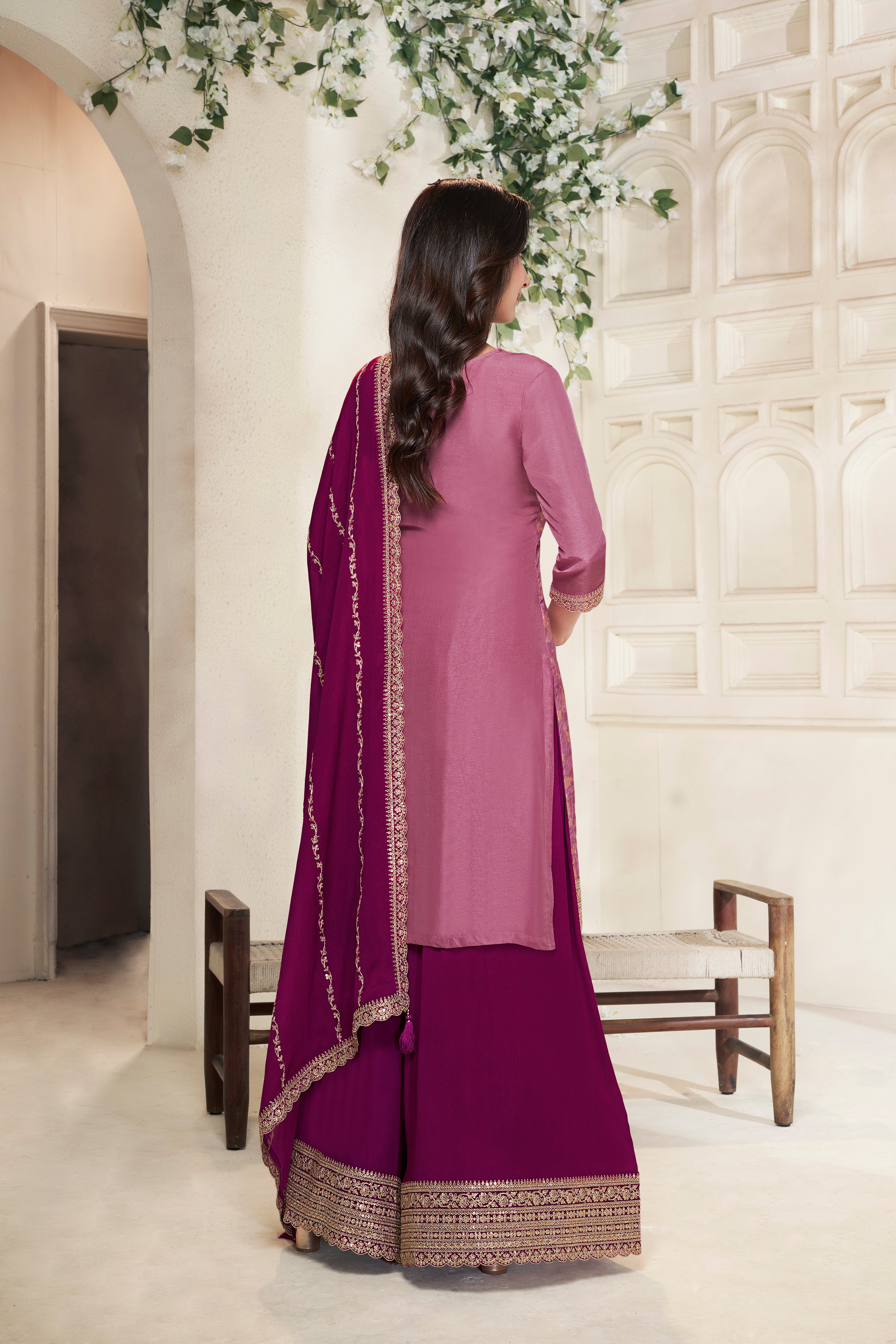 Designer Light Pink Jacquard Weave Dola Silk Sharara Suit Set