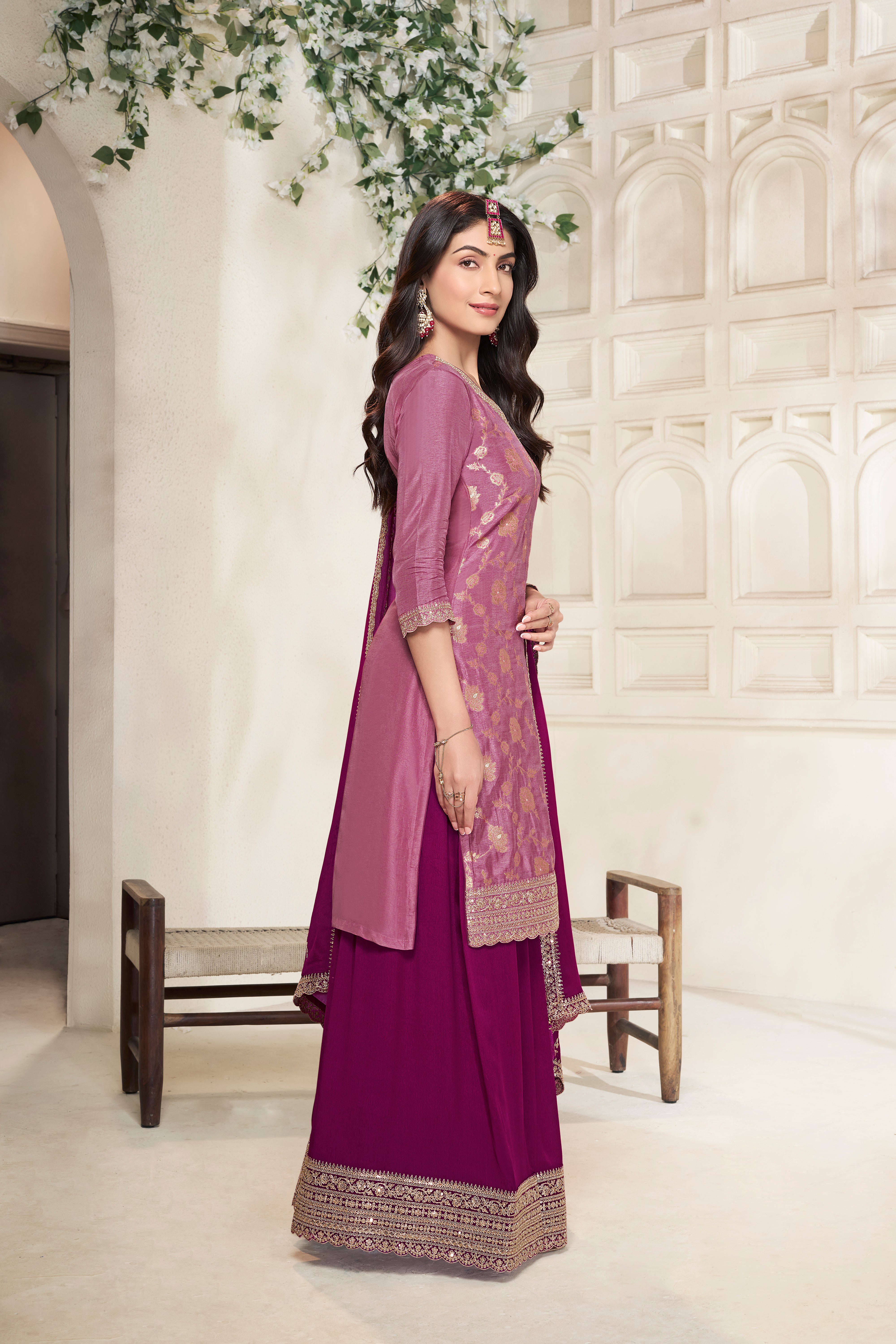 Designer Light Pink Jacquard Weave Dola Silk Sharara Suit Set