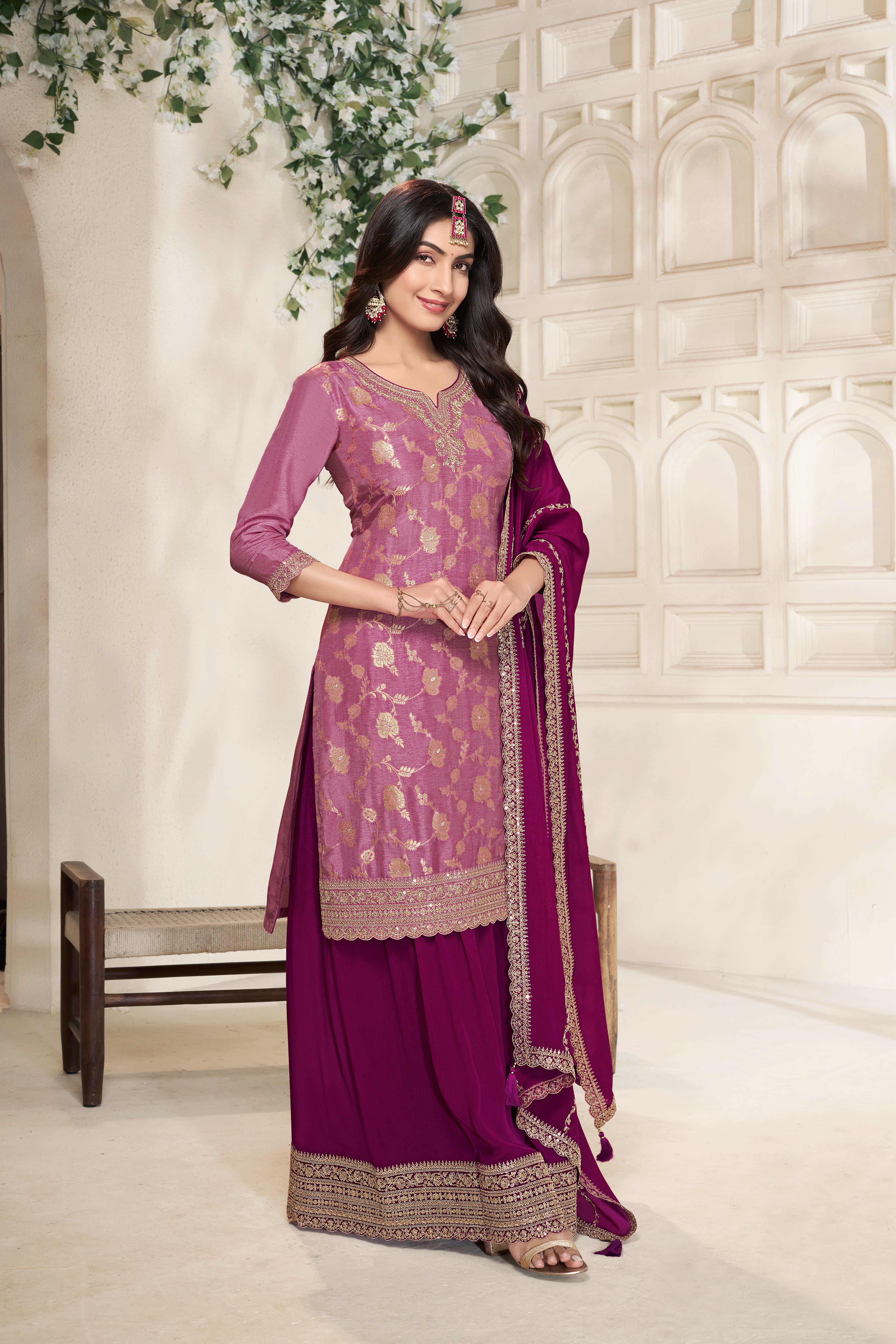 Designer Light Pink Jacquard Weave Dola Silk Sharara Suit Set