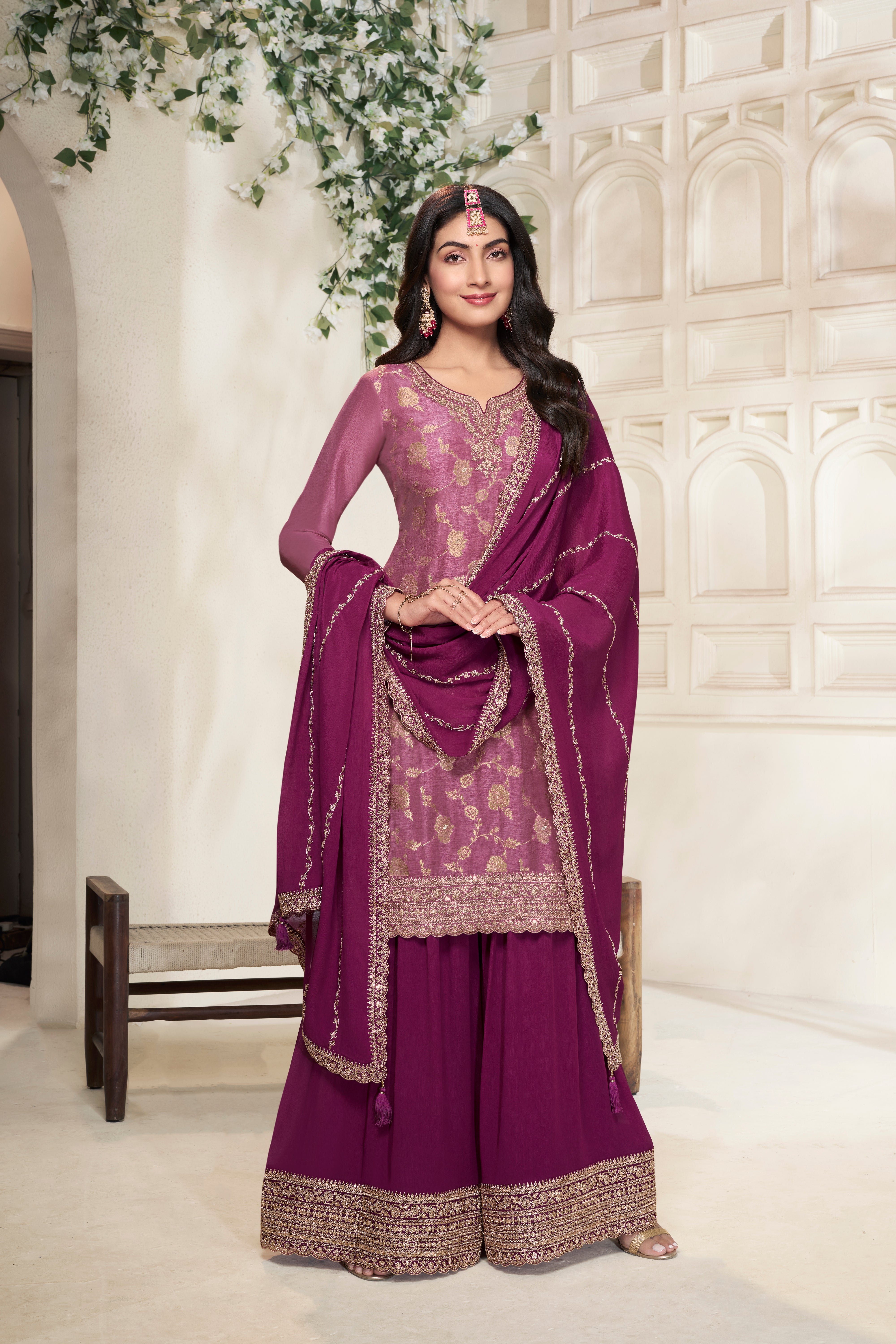Designer Light Pink Jacquard Weave Dola Silk Sharara Suit Set
