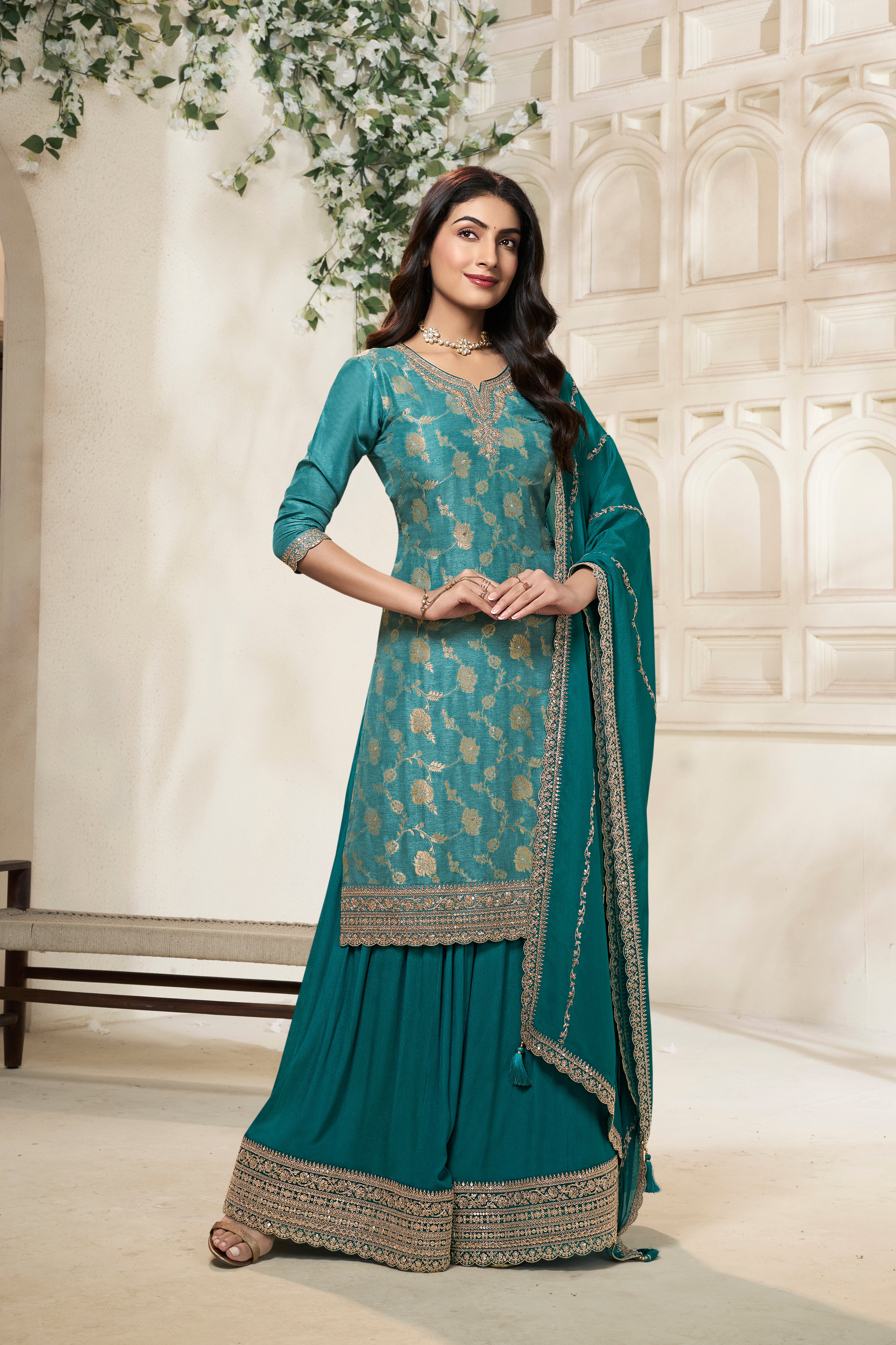 Designer Green Jacquard Weave Dola Silk Sharara Suit Set