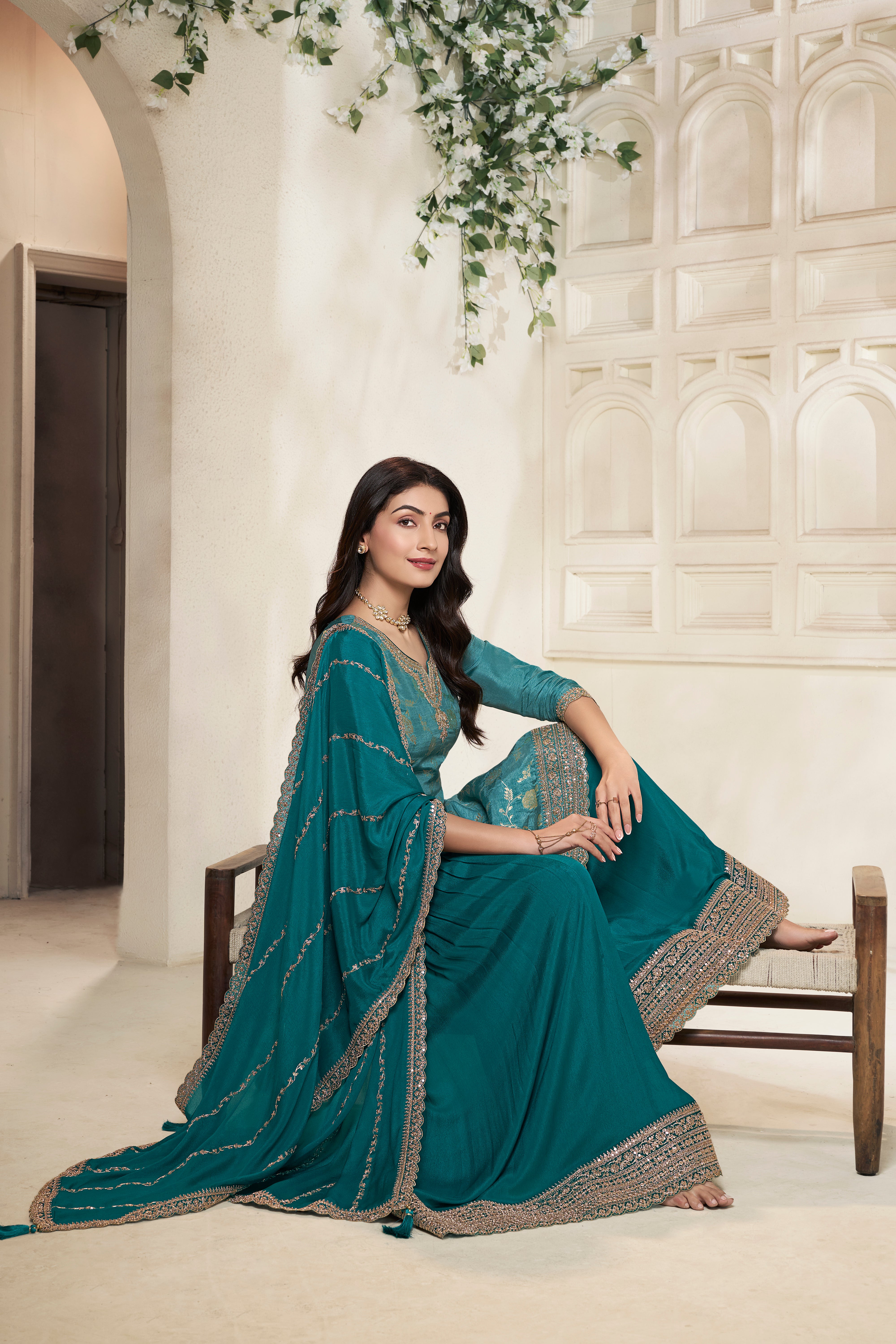 Designer Green Jacquard Weave Dola Silk Sharara Suit Set
