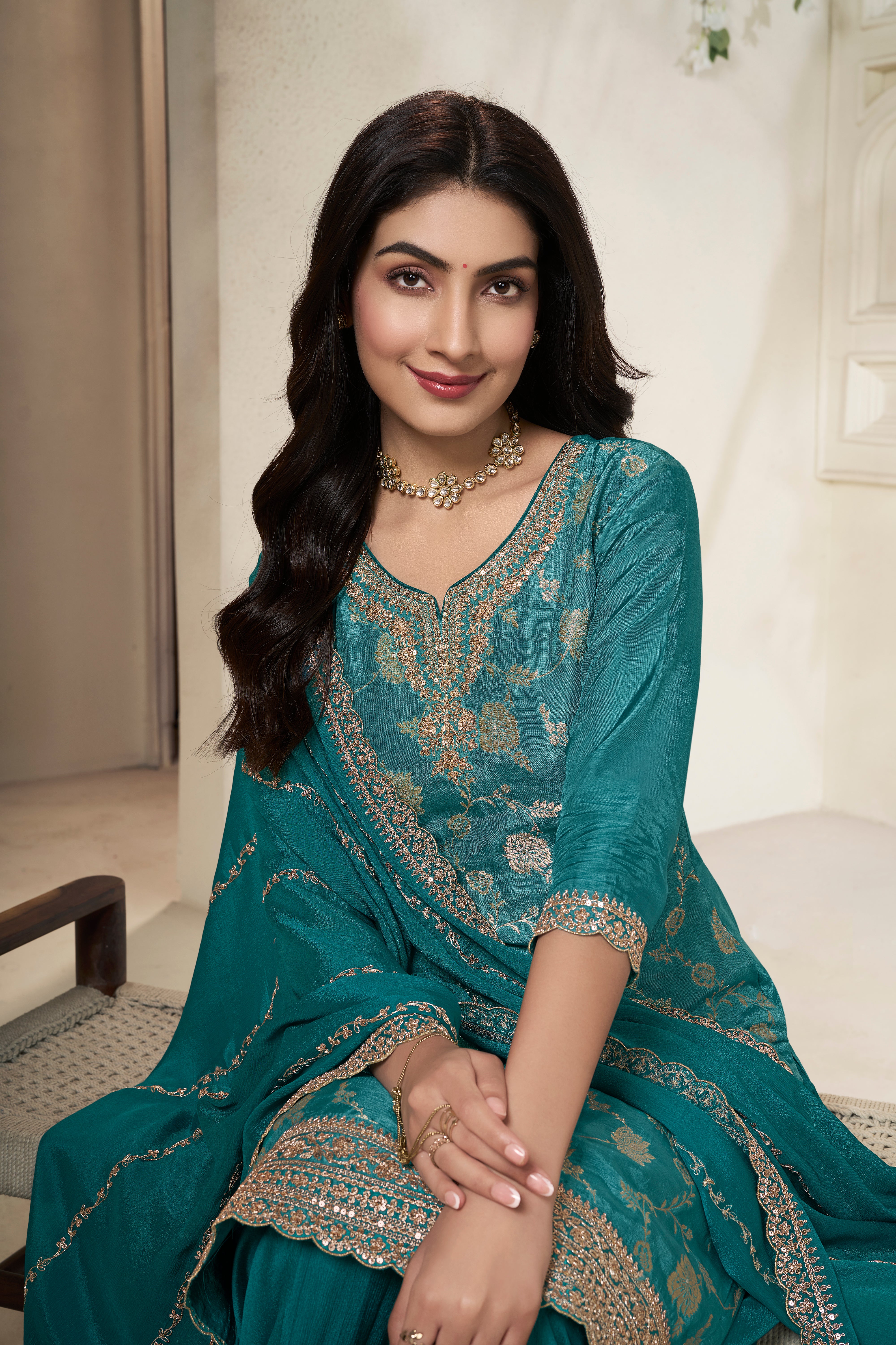 Designer Green Jacquard Weave Dola Silk Sharara Suit Set