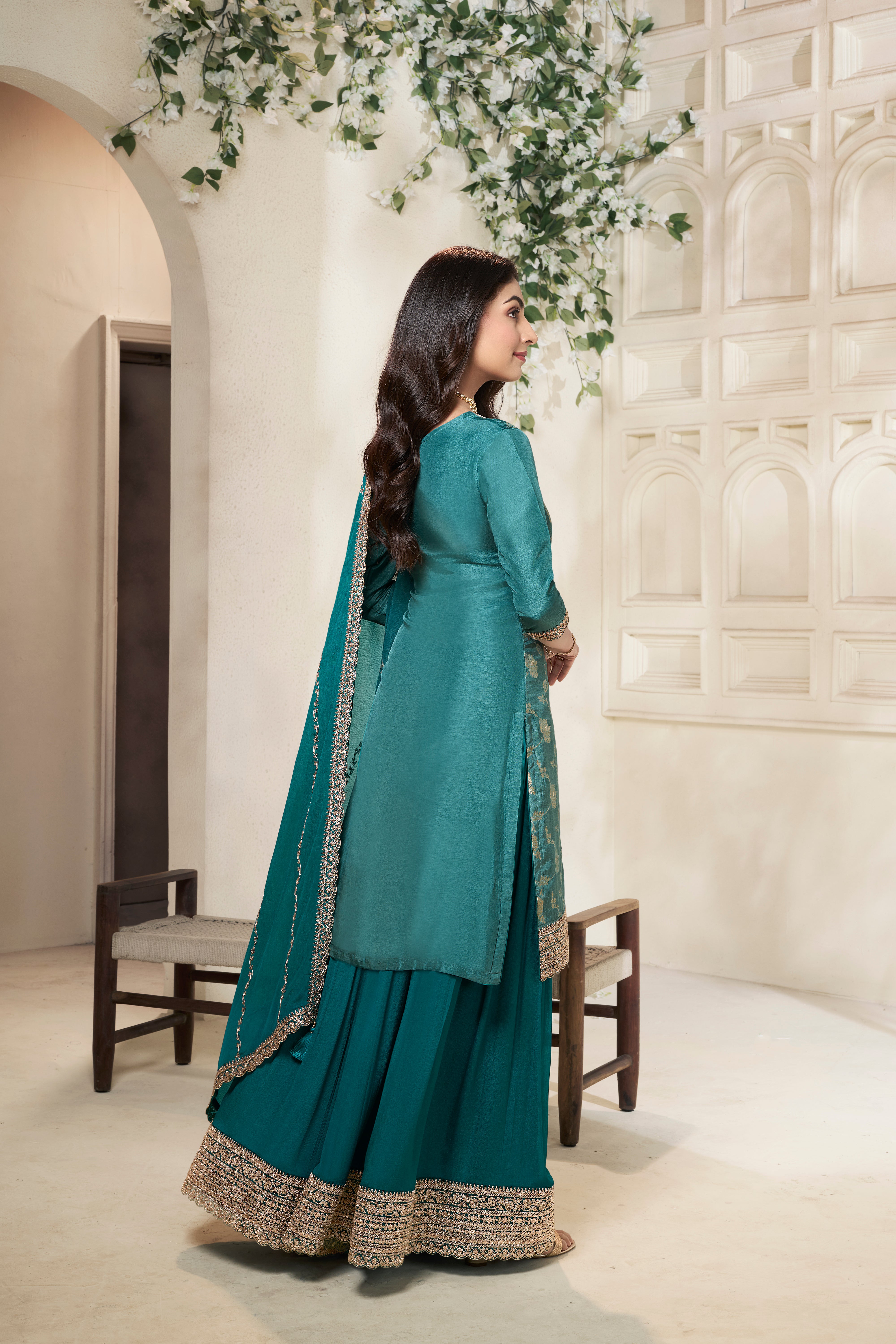 Designer Green Jacquard Weave Dola Silk Sharara Suit Set