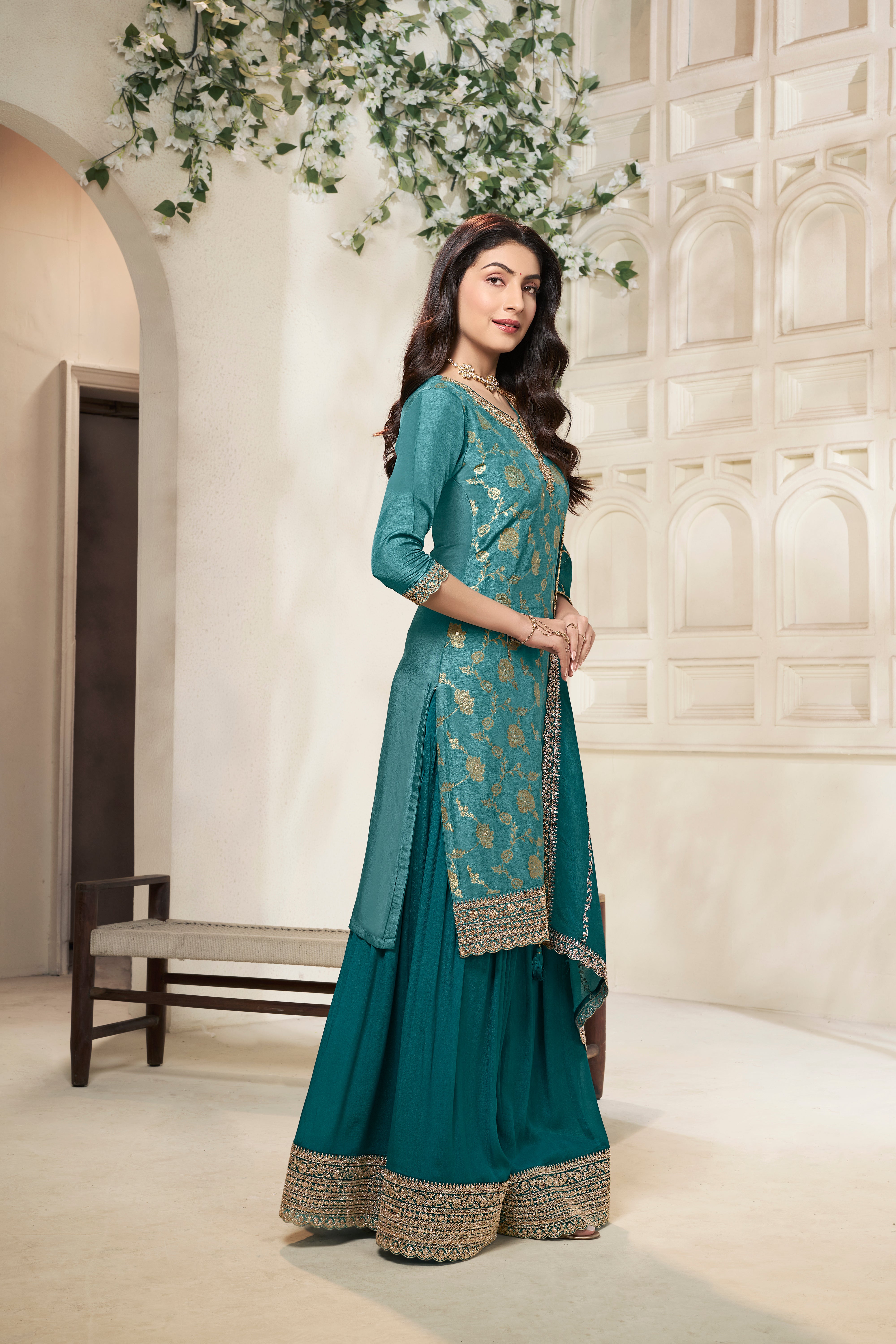 Designer Green Jacquard Weave Dola Silk Sharara Suit Set