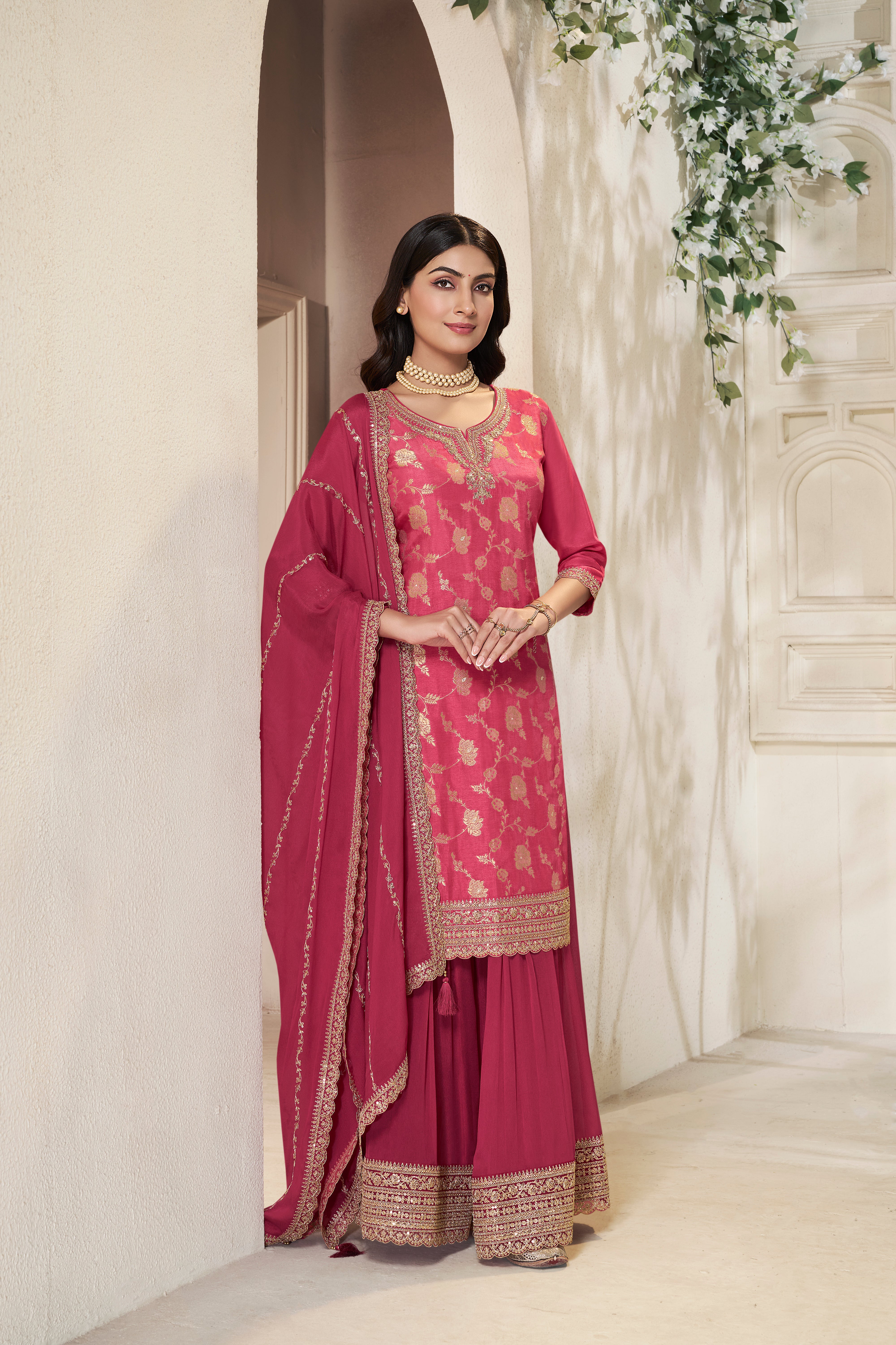 Designer Pink Jacquard Weave Dola Silk Sharara Suit Set