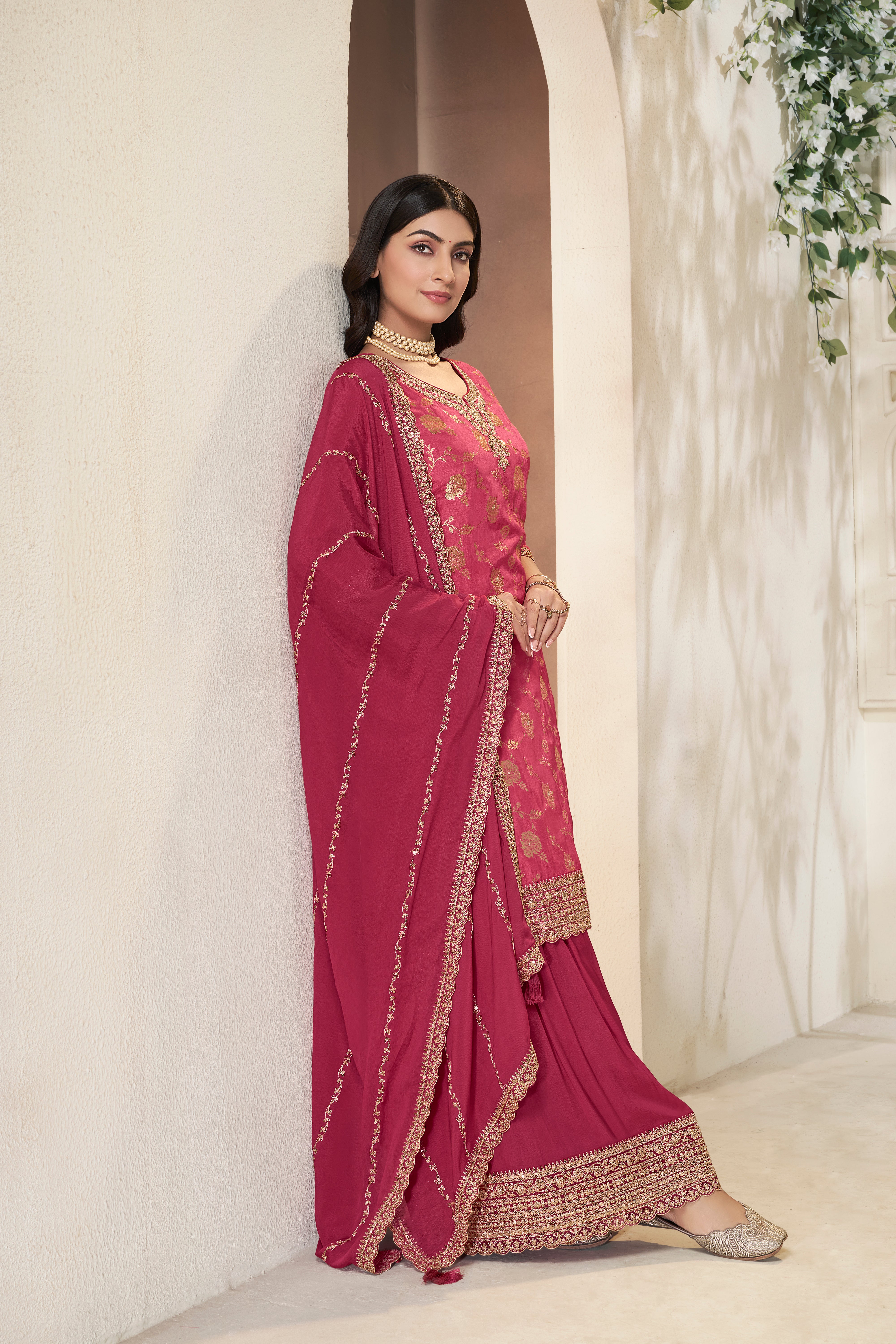 Designer Pink Jacquard Weave Dola Silk Sharara Suit Set