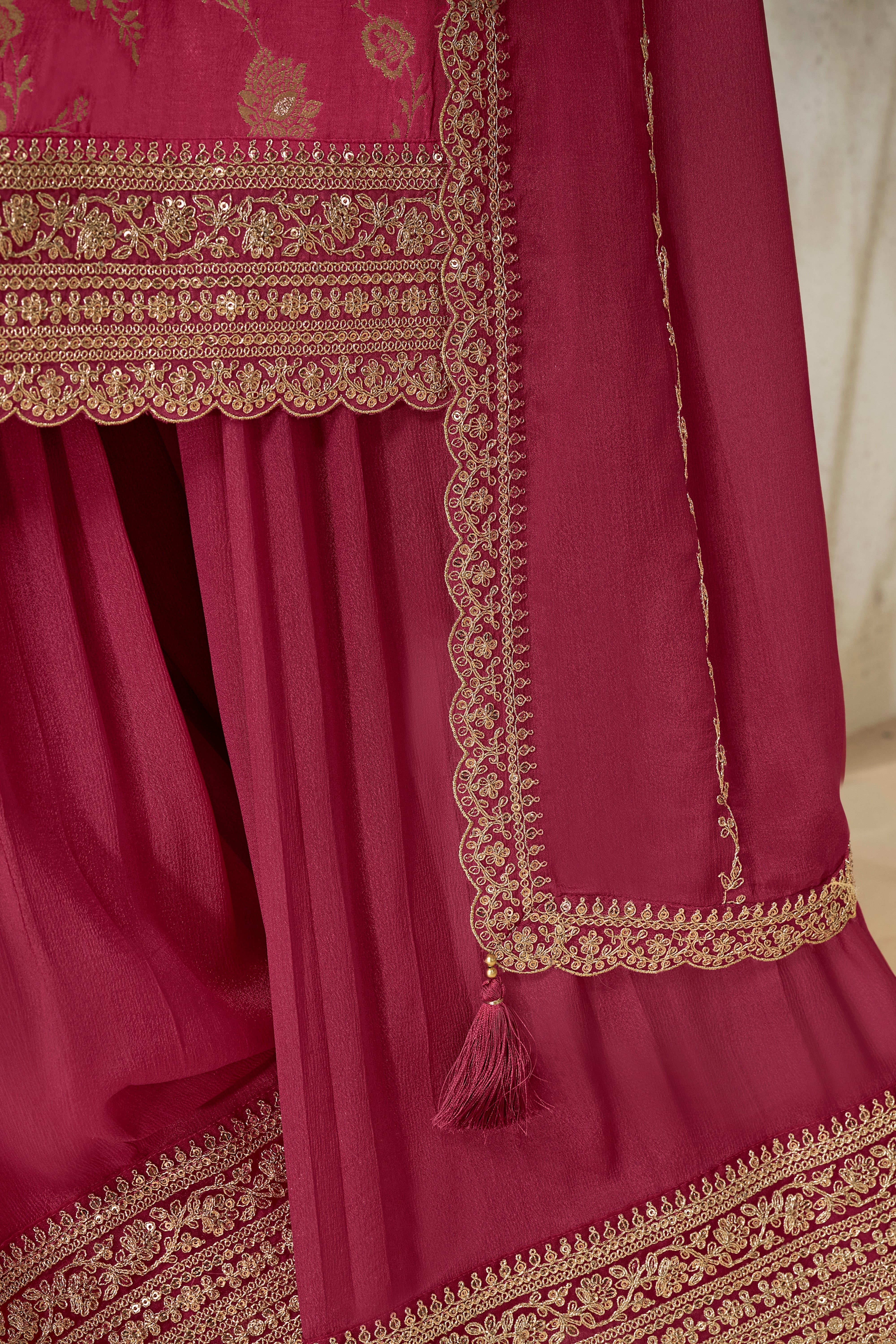 Designer Pink Jacquard Weave Dola Silk Sharara Suit Set