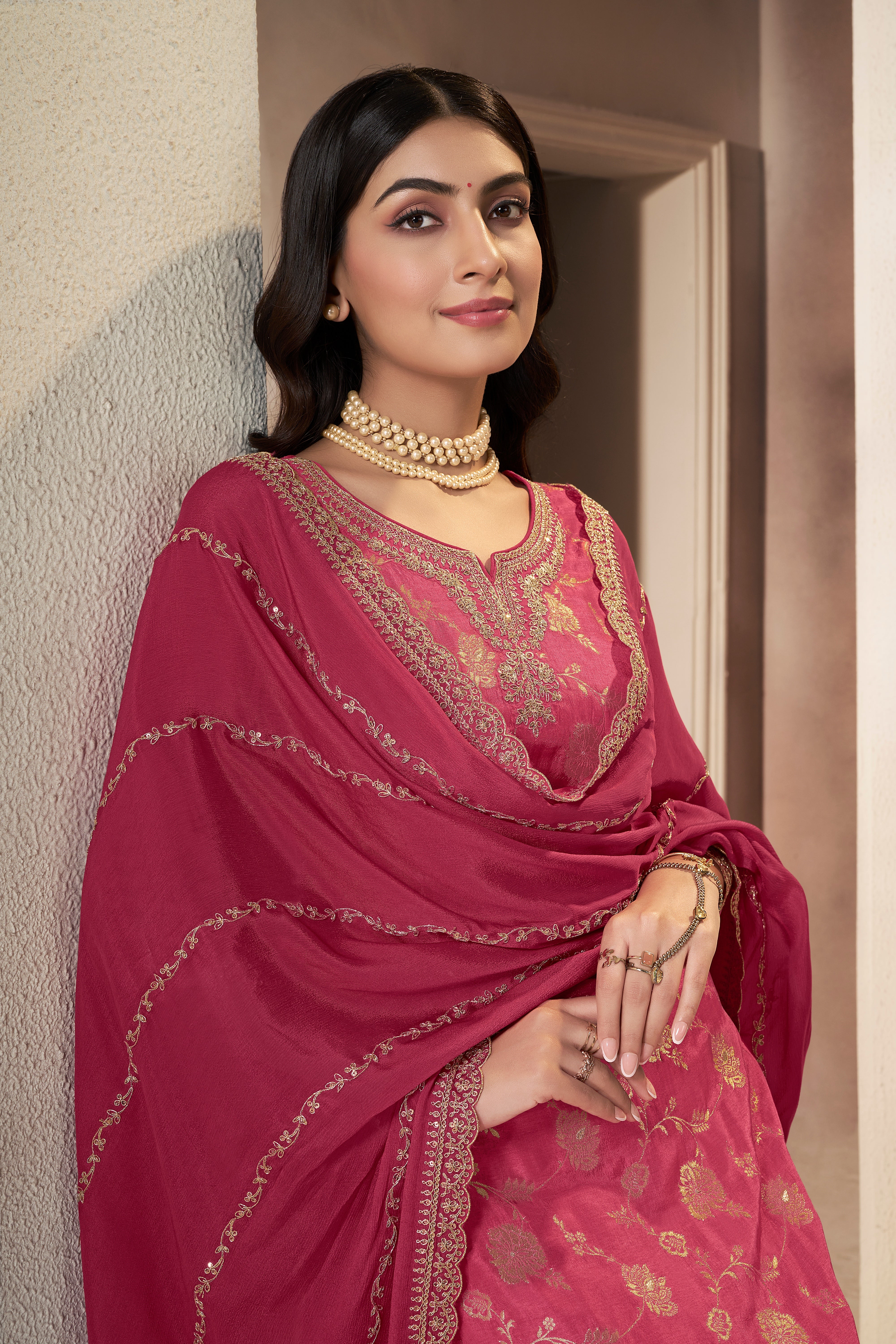 Designer Pink Jacquard Weave Dola Silk Sharara Suit Set