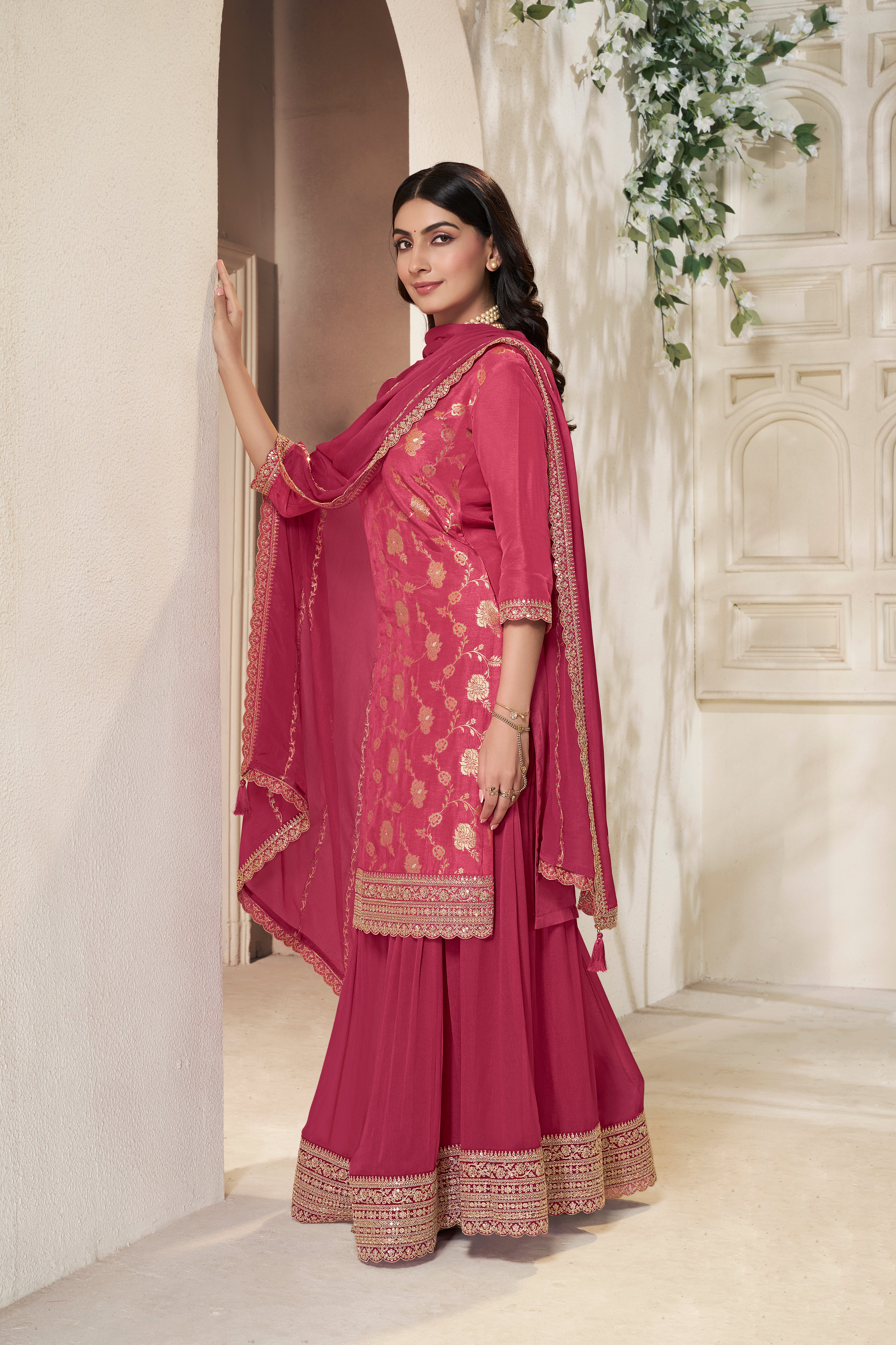 Designer Pink Jacquard Weave Dola Silk Sharara Suit Set